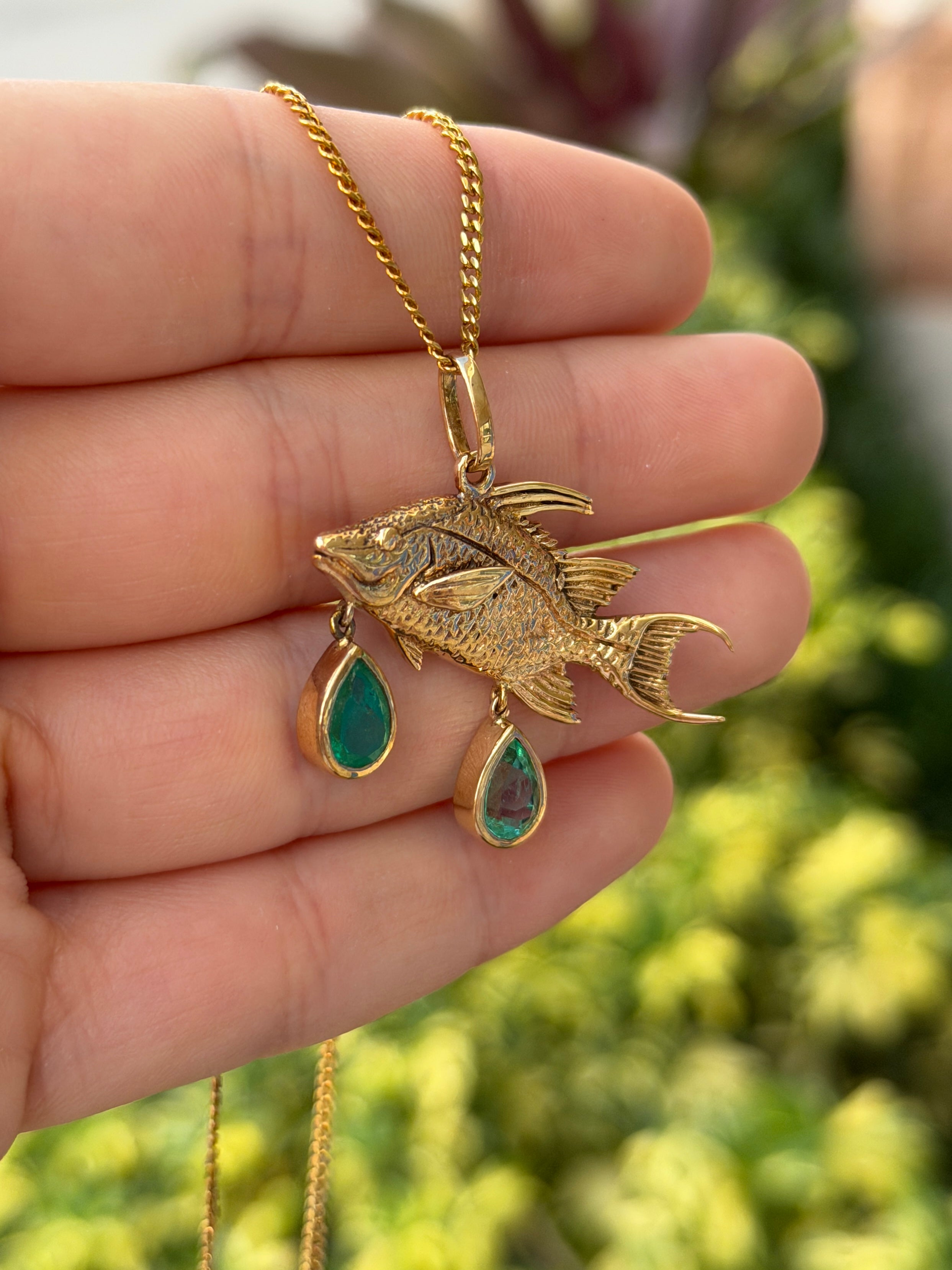 2.0tcw 14K Hog Fish Emerald Pendant - JR Colombian Emeralds