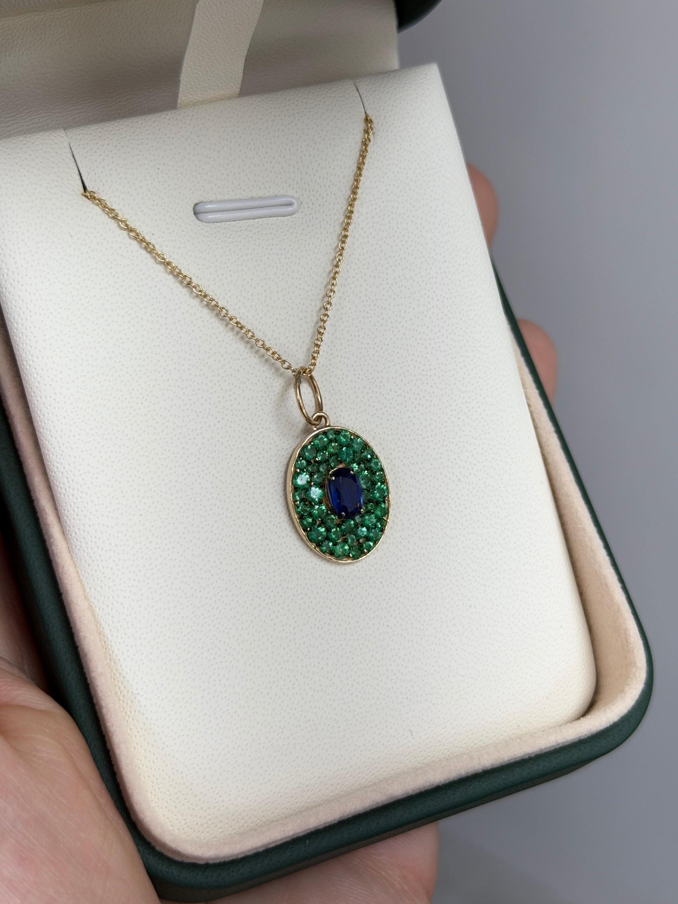 2.12tcw 14K Natural Oval Blue Sapphire & Emerald Cluster Pendant - JR Colombian Emeralds