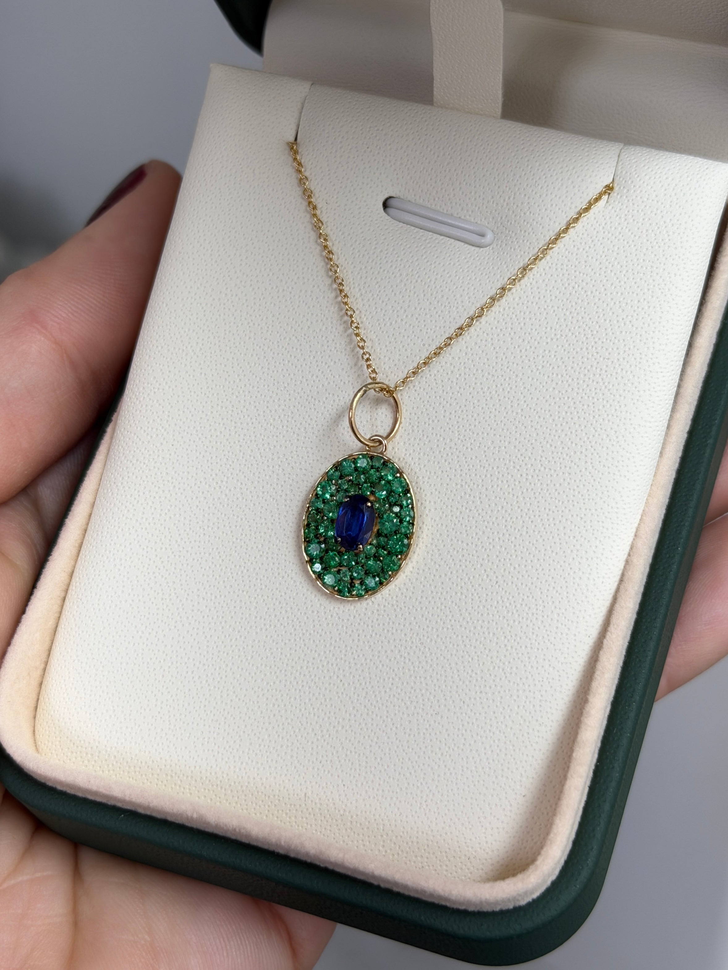 2.12tcw 14K Natural Oval Blue Sapphire & Emerald Cluster Pendant - JR Colombian Emeralds