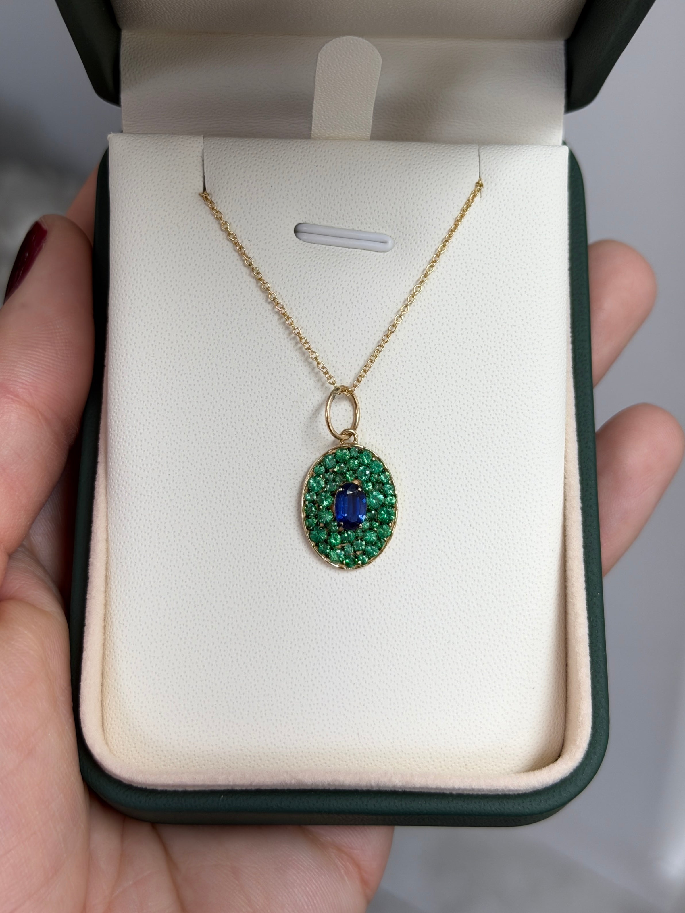 2.12tcw 14K Natural Oval Blue Sapphire & Emerald Cluster Pendant - JR Colombian Emeralds
