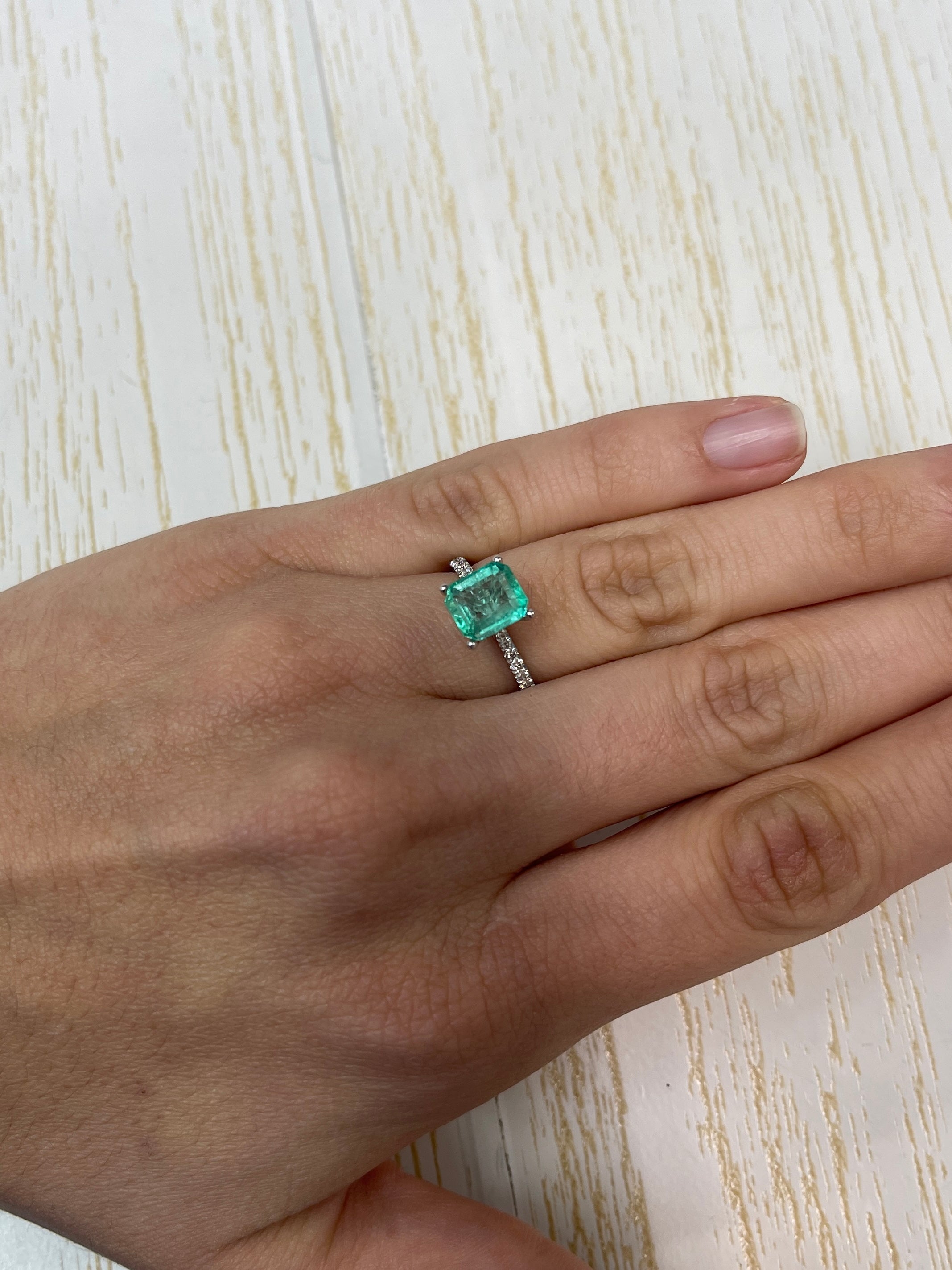 2.15 carat natural Colombian emerald loose gemstone in chunky emerald cut, 8.5x7.5mm portrait shape, from JR Colombian Emeralds.