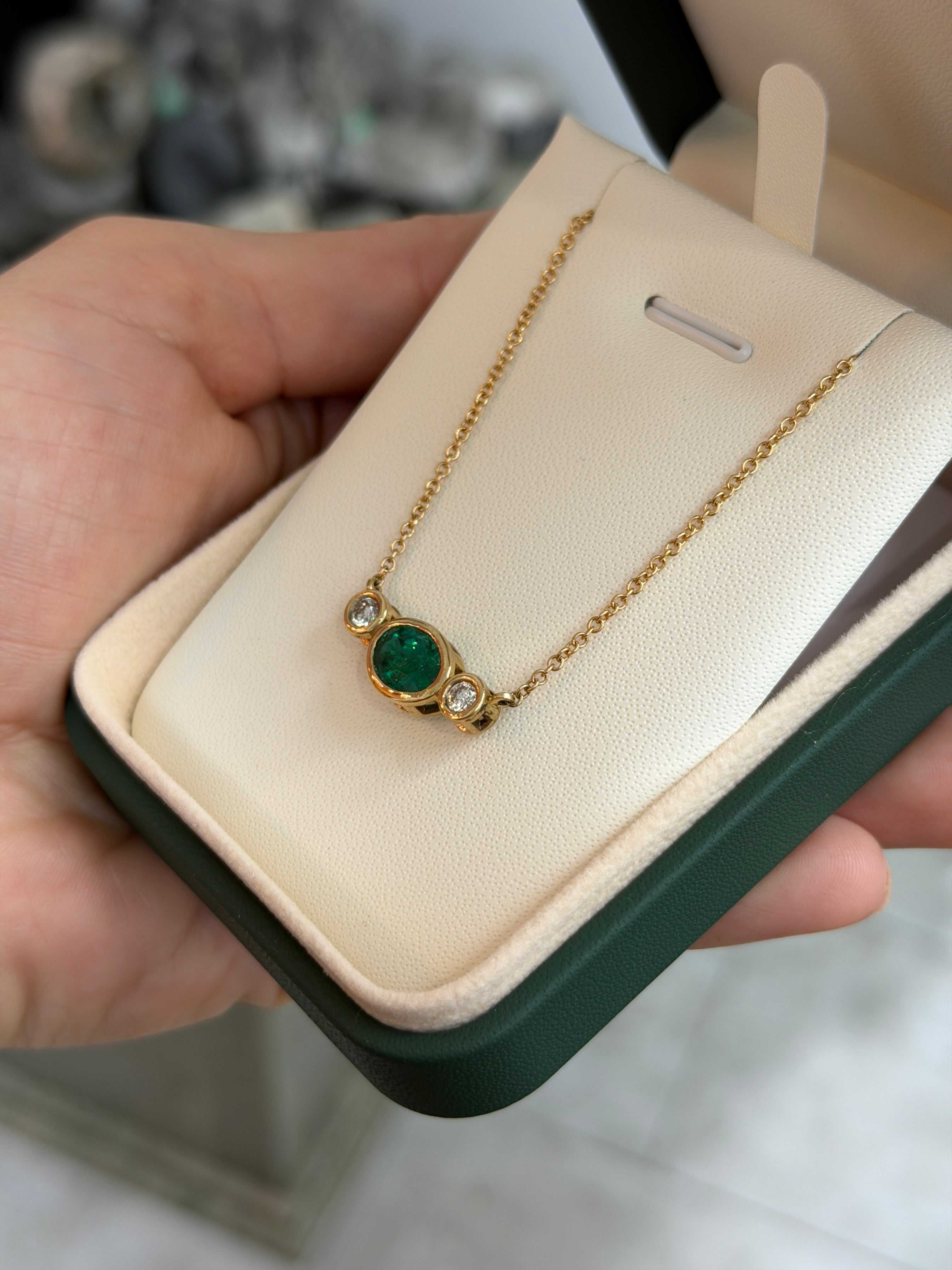 2.19tcw Bezel Set Oval Emerald & Round Diamond Three Stone Necklace 14K - JR Colombian Emeralds