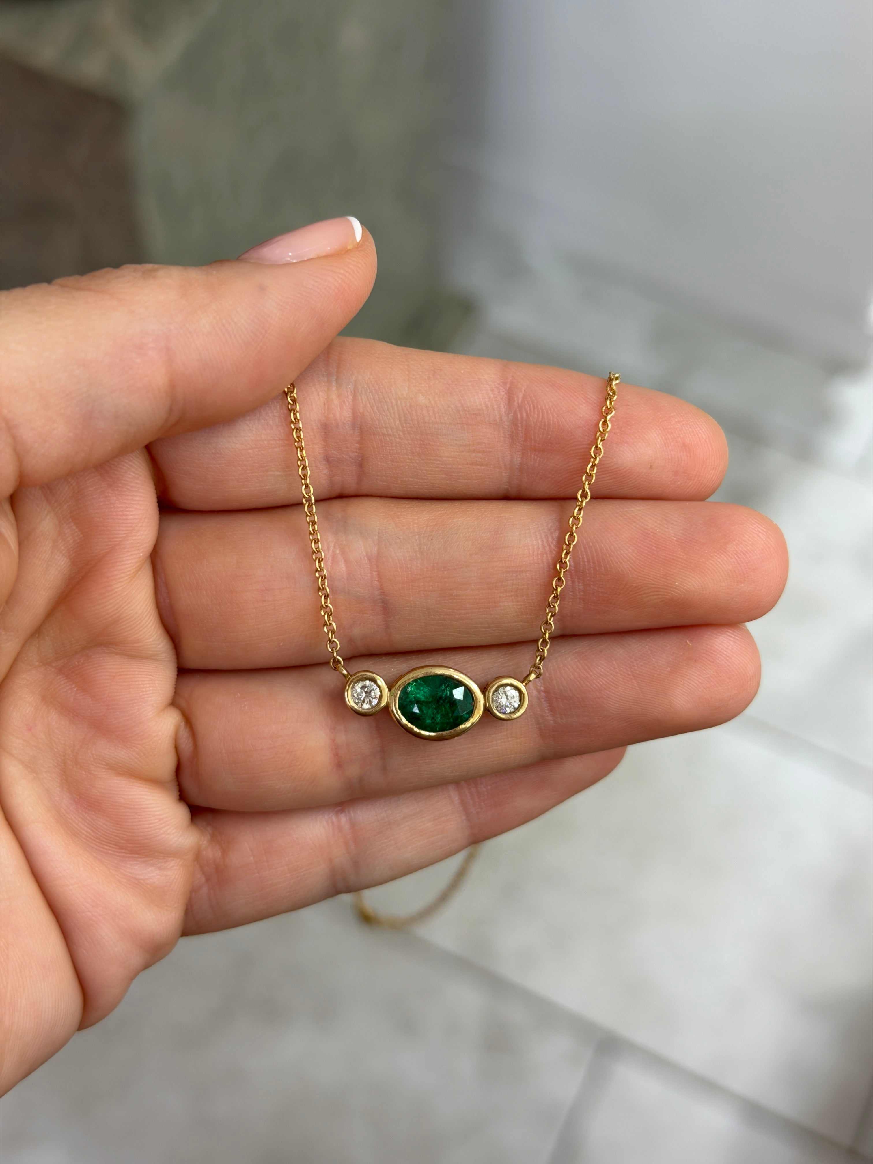 2.19tcw Bezel Set Oval Emerald & Round Diamond Three Stone Necklace 14K - JR Colombian Emeralds