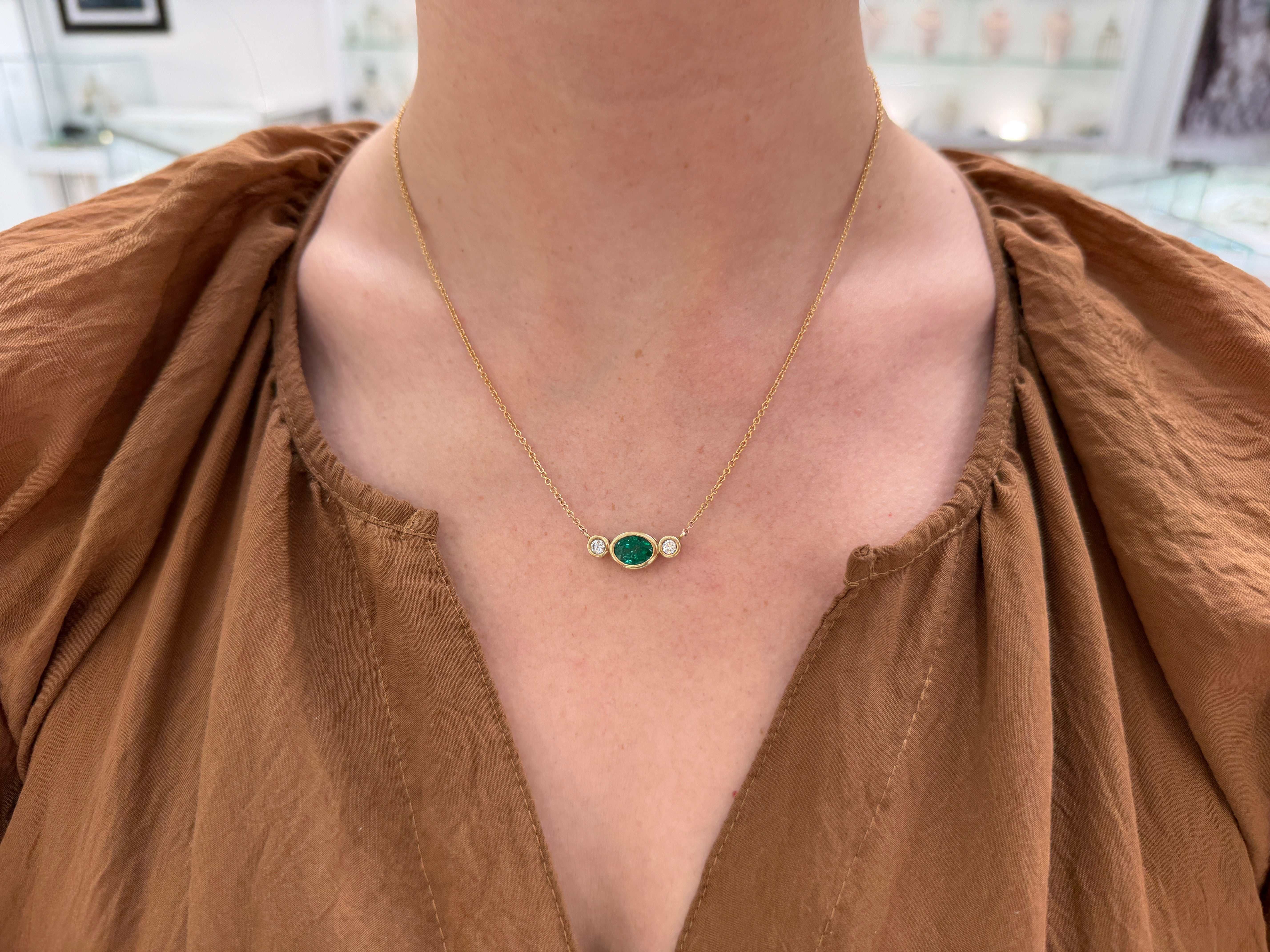 2.19tcw Bezel Set Oval Emerald & Round Diamond Three Stone Necklace 14K - JR Colombian Emeralds