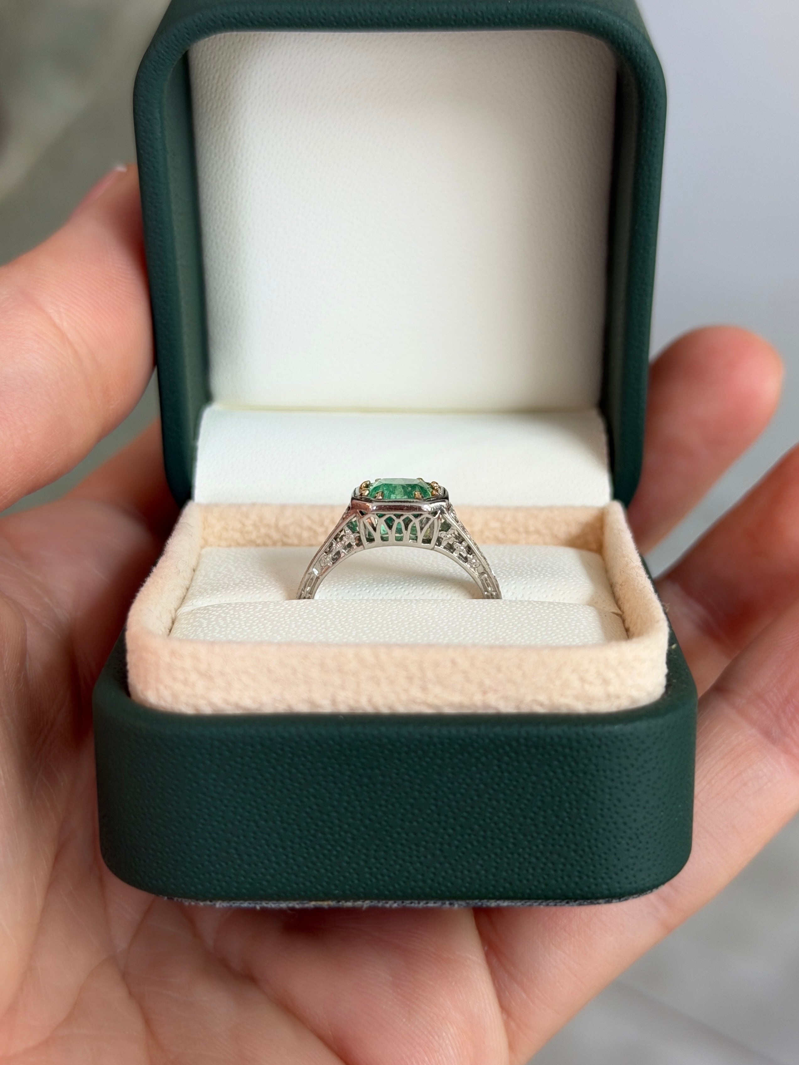 Art Nouveau 2.20 Carat engagement ring with 18K gold and platinum, featuring intricate design and a central solitaire setting.