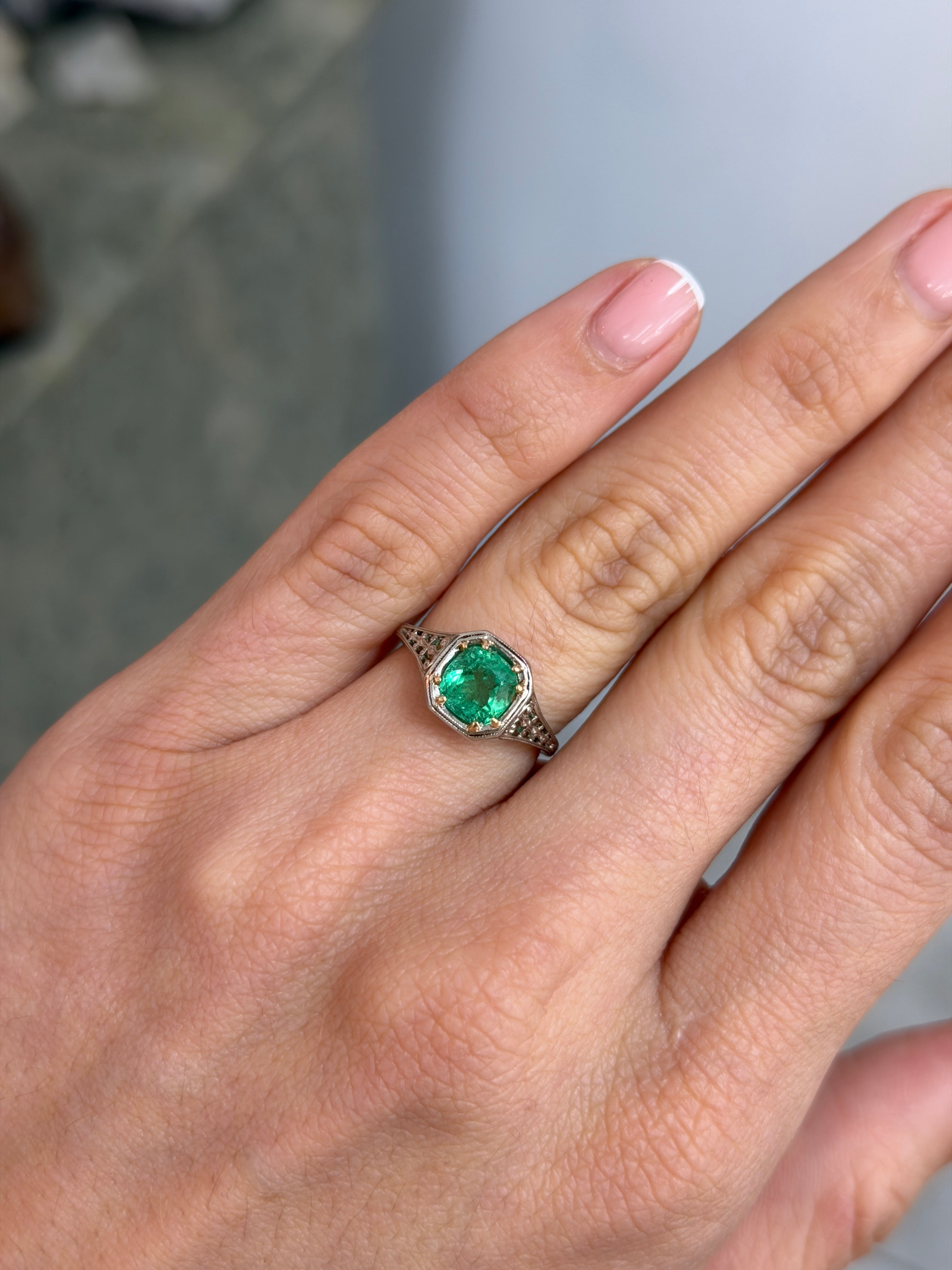 Art Nouveau 2.20 Carat engagement ring by JR Colombian Emeralds featuring 18K gold and platinum with a solitaire setting.