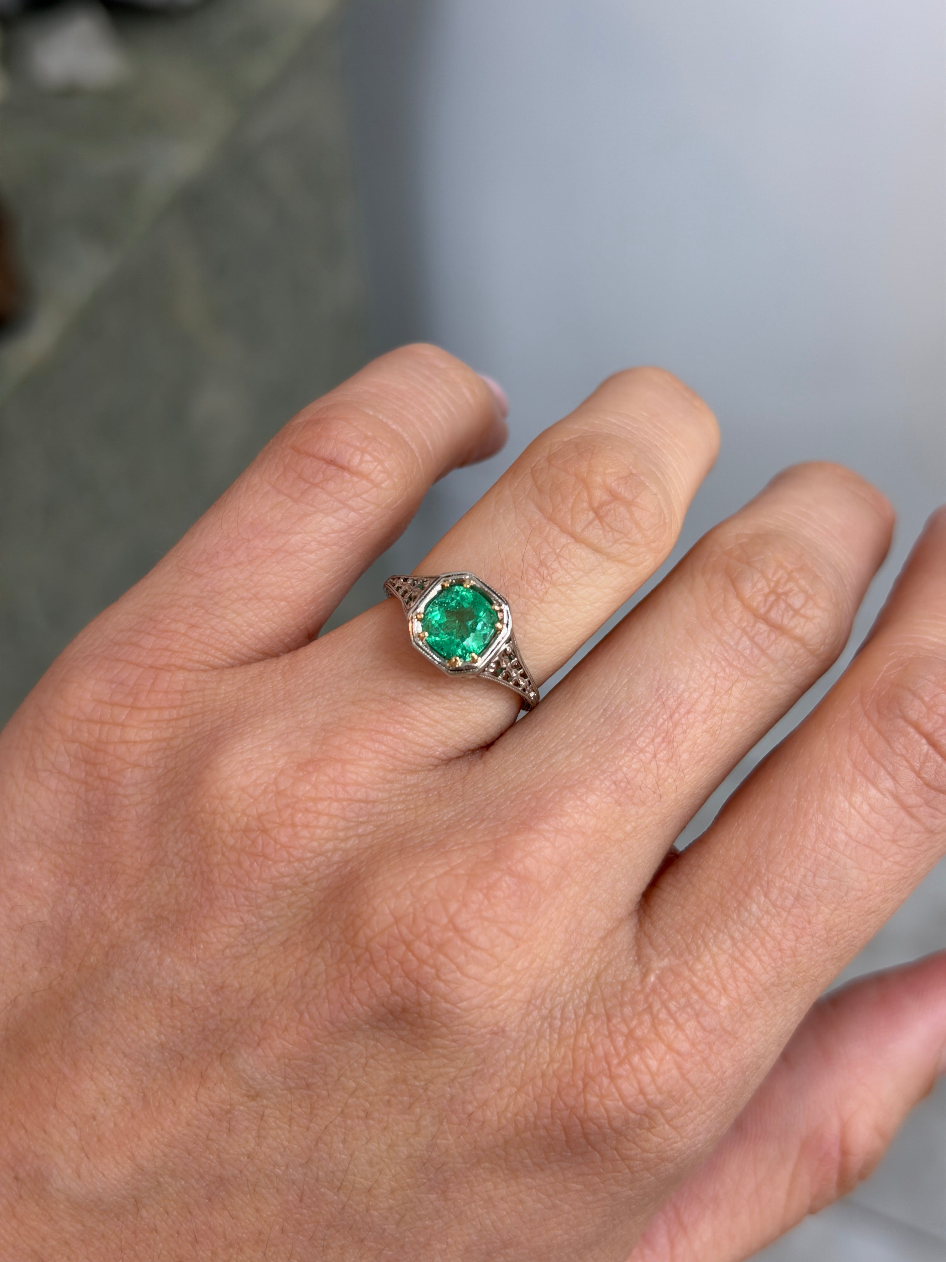 2.20 Carat Art Nouveau Engagement Ring Revival 18K & Platinum Solitaire - JR Colombian Emeralds