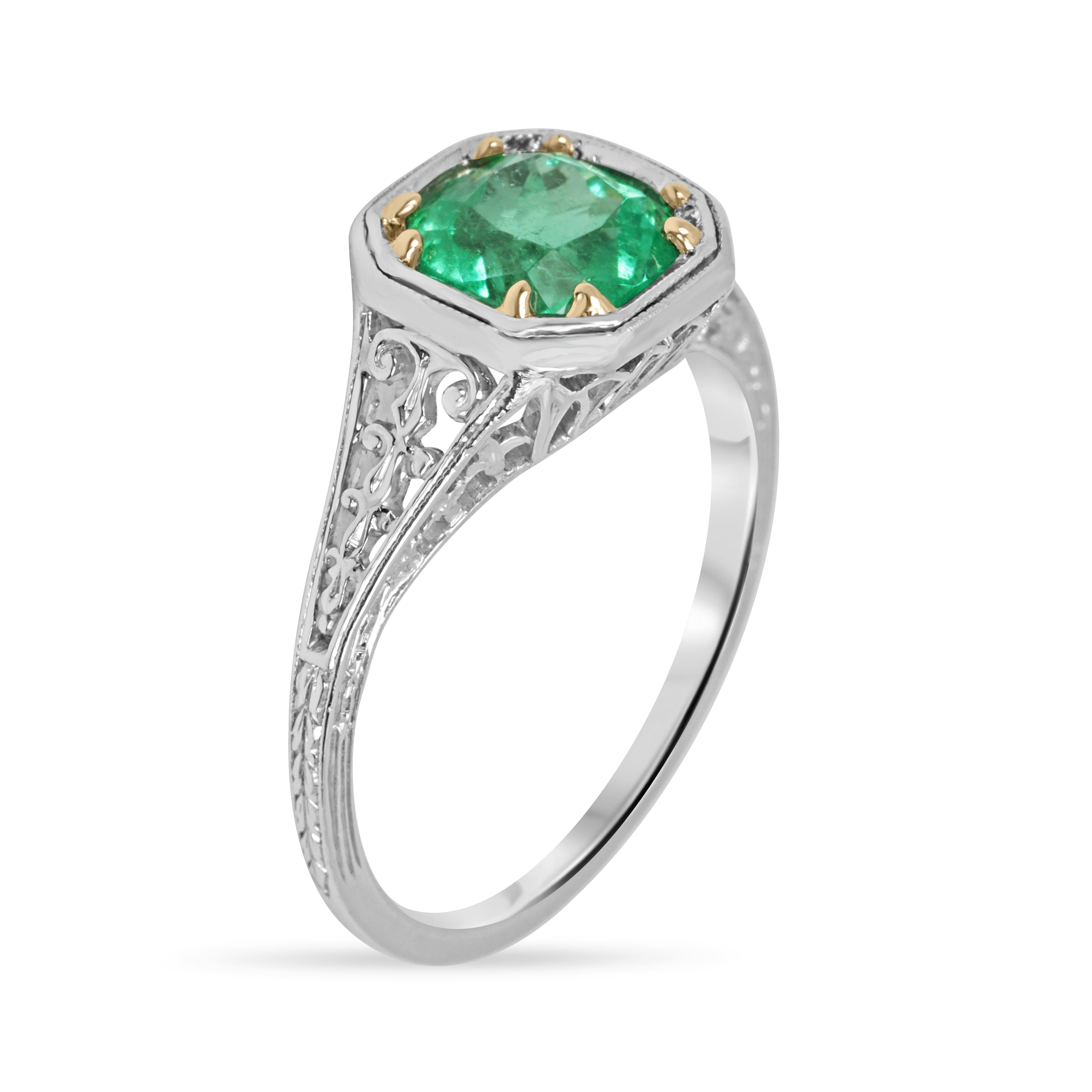 Art Nouveau 2.20 Carat engagement ring by JR Colombian Emeralds featuring 18K gold and platinum solitaire design.