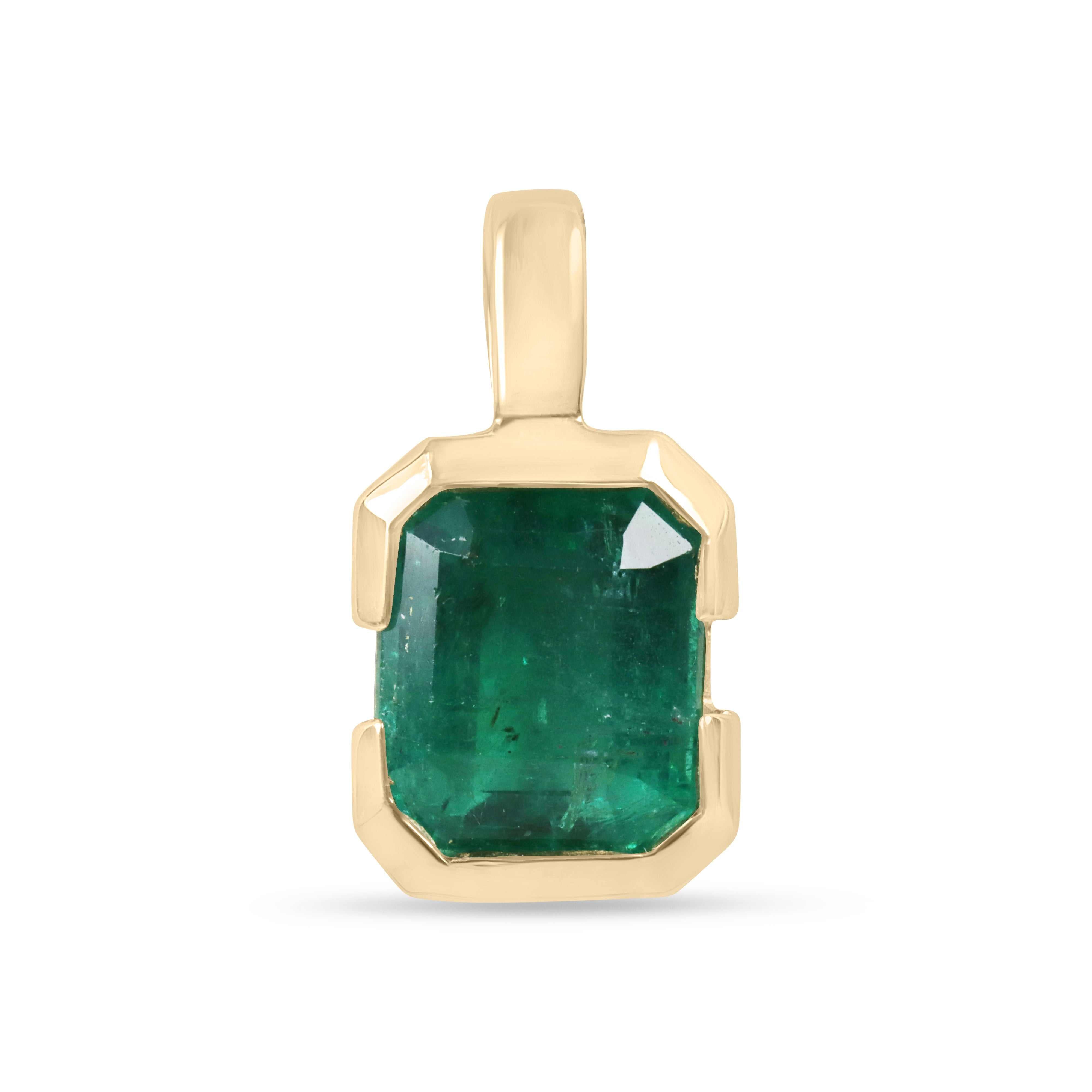 14K gold emerald solitaire necklace featuring a 2.28 carat semi-bezel emerald, designed by JR Colombian Emeralds.