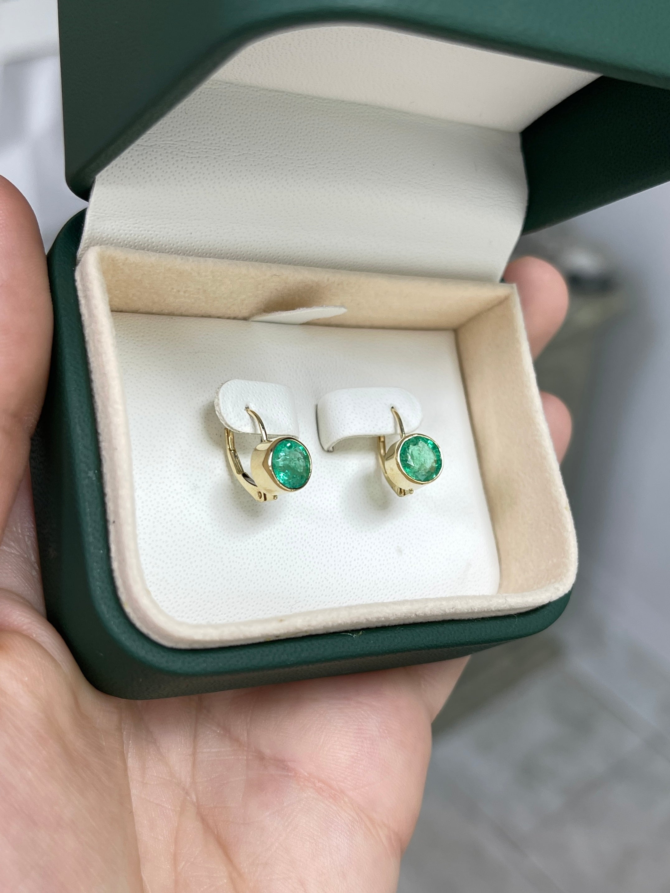 2.30tcw Rich Green Round Emerald Bezel Leverback Dangle Earrings 14K Yellow