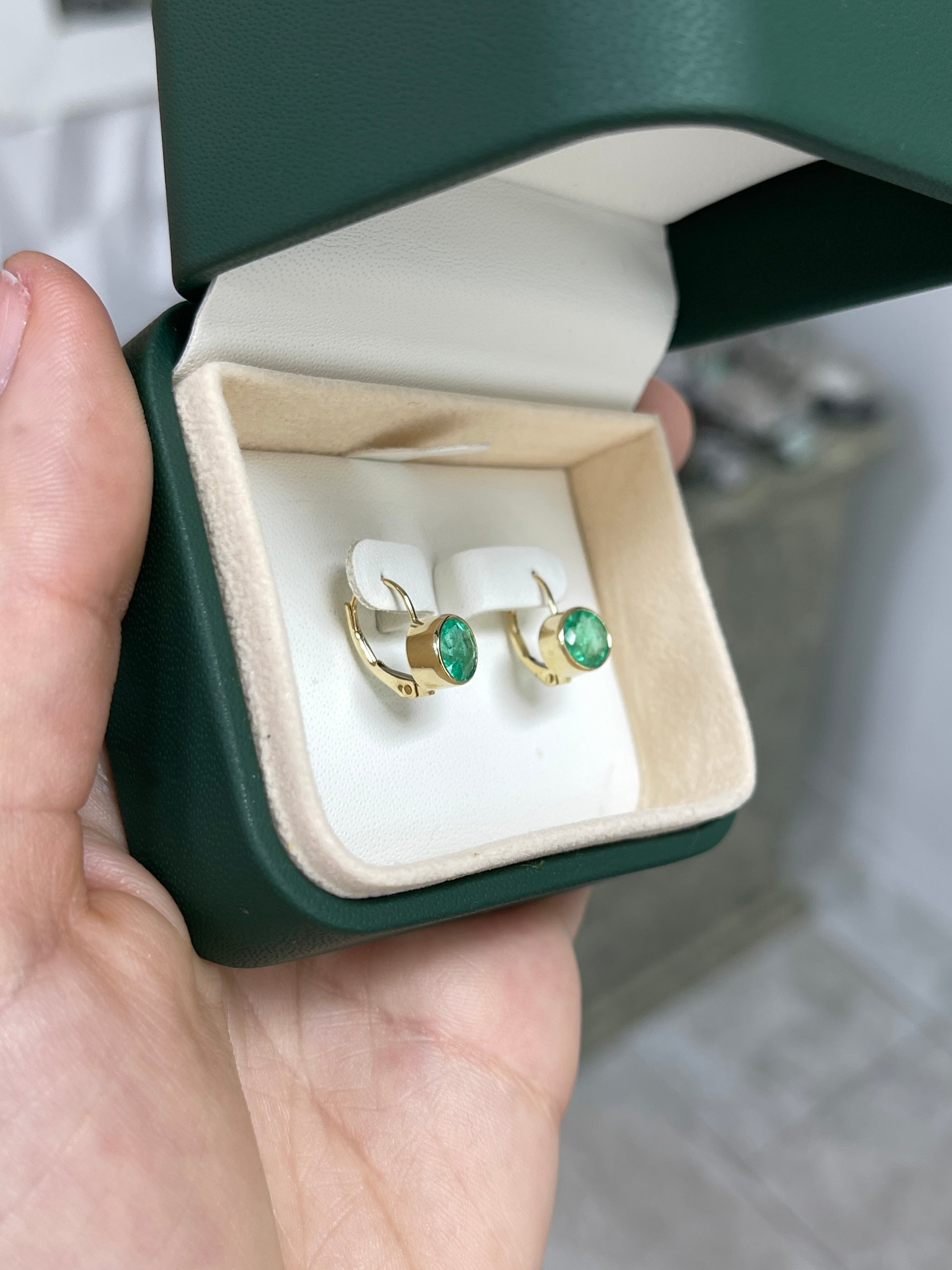 2.30tcw Rich Green Round Emerald Bezel Leverback Dangle Earrings 14K Yellow