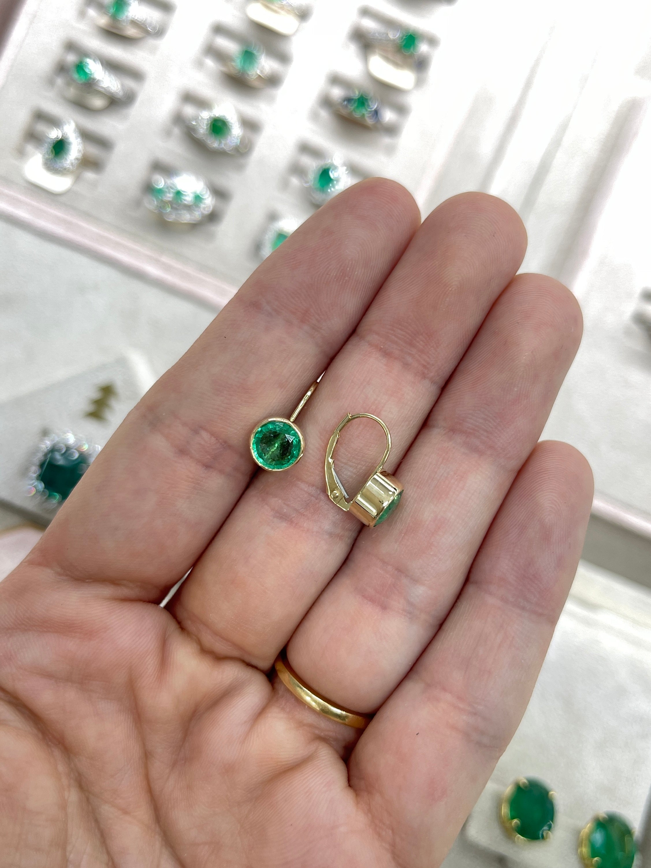 2.30tcw Rich Green Round Emerald Bezel Leverback Dangle Earrings 14K Yellow