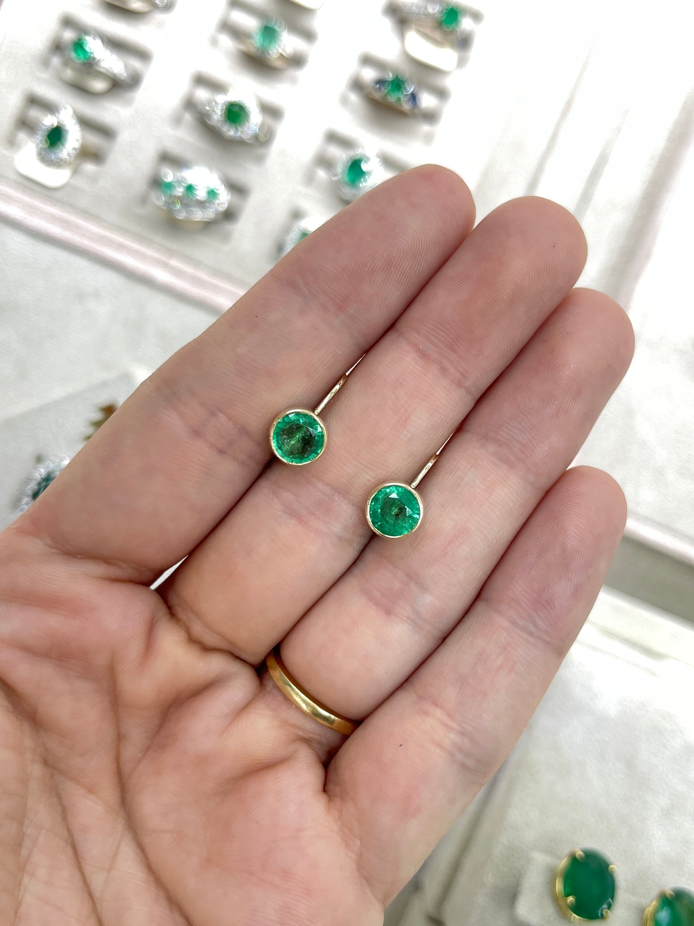 2.30tcw Rich Green Round Emerald Bezel Leverback Dangle Earrings 14K Yellow gold