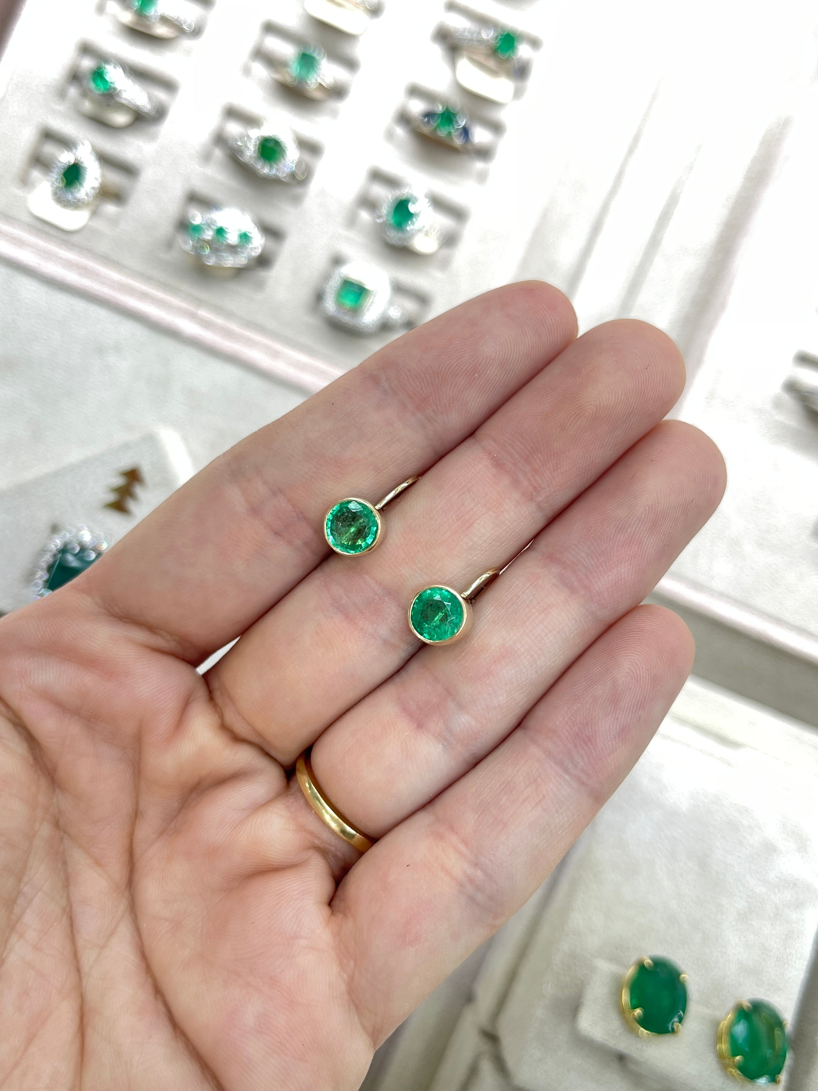 2.30tcw Rich Green Round Emerald Bezel Leverback Dangle Earrings 14K Yellow