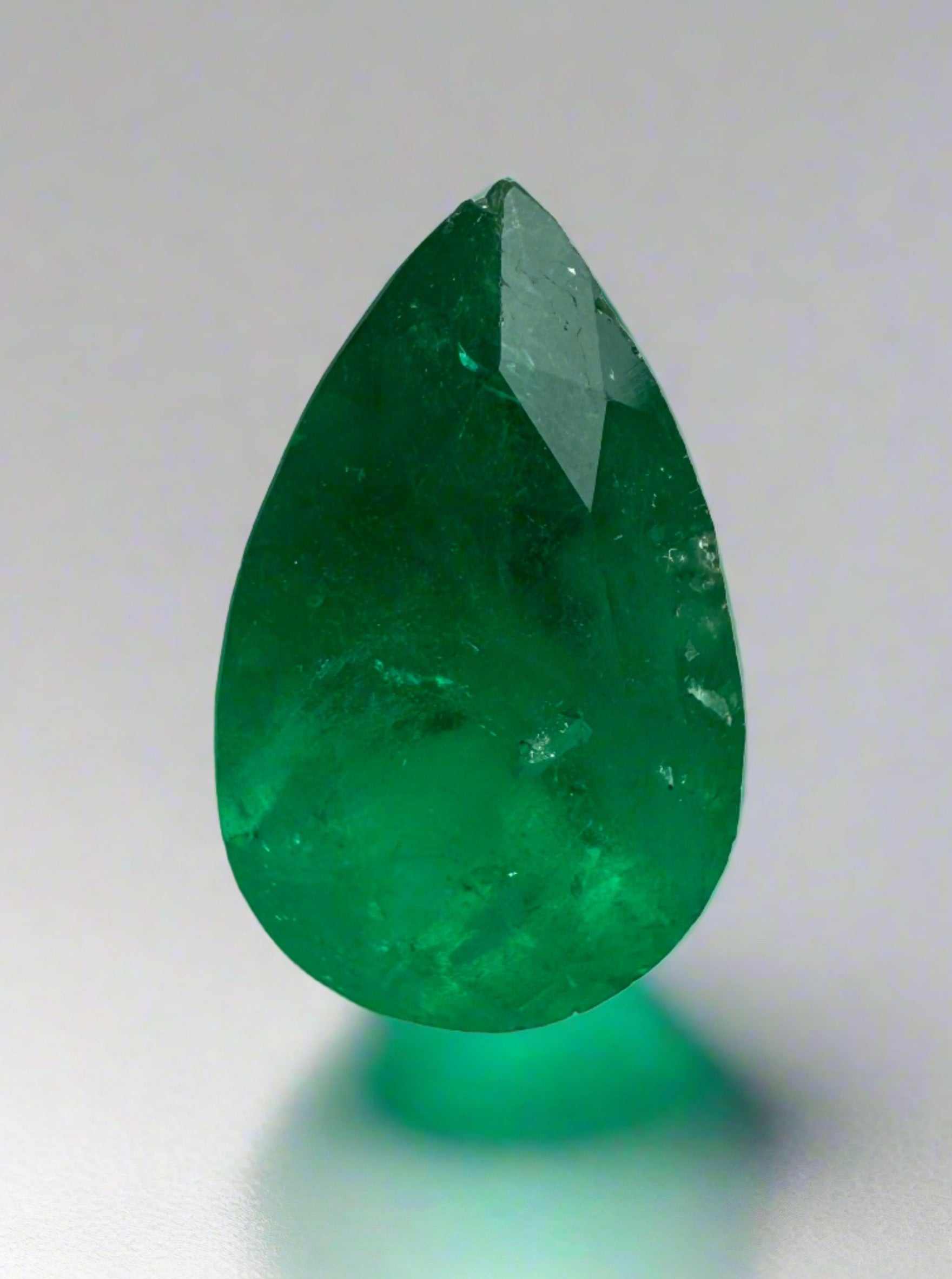 2.34 carat intense green natural Colombian emerald in pear cut, loose gemstone from JR Colombian Emeralds.
