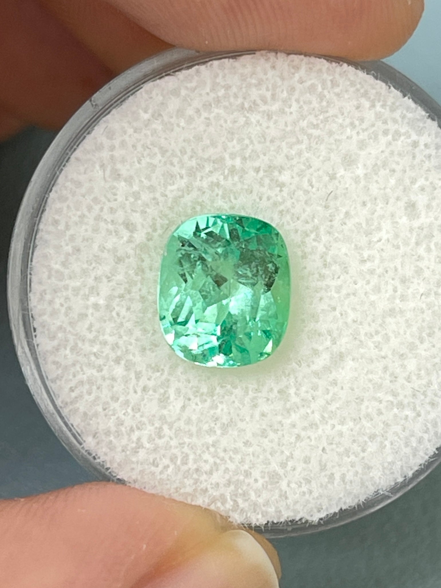 2.41 Carat eye-clean green Colombian emerald loose cushion cut gemstone from JR Colombian Emeralds.