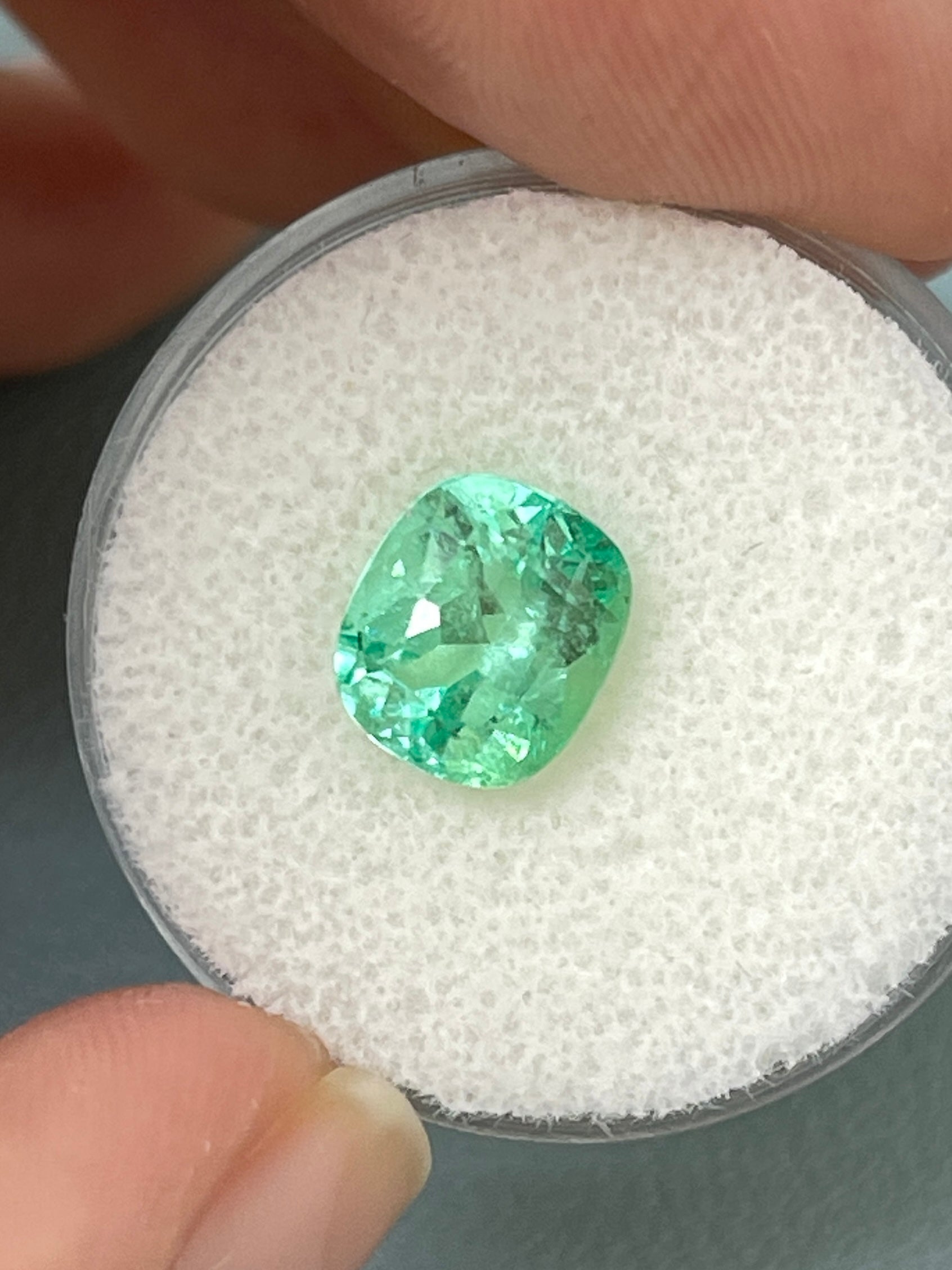 2.41 Carat eye-clean green Colombian emerald loose cushion cut gemstone by JR Colombian Emeralds.