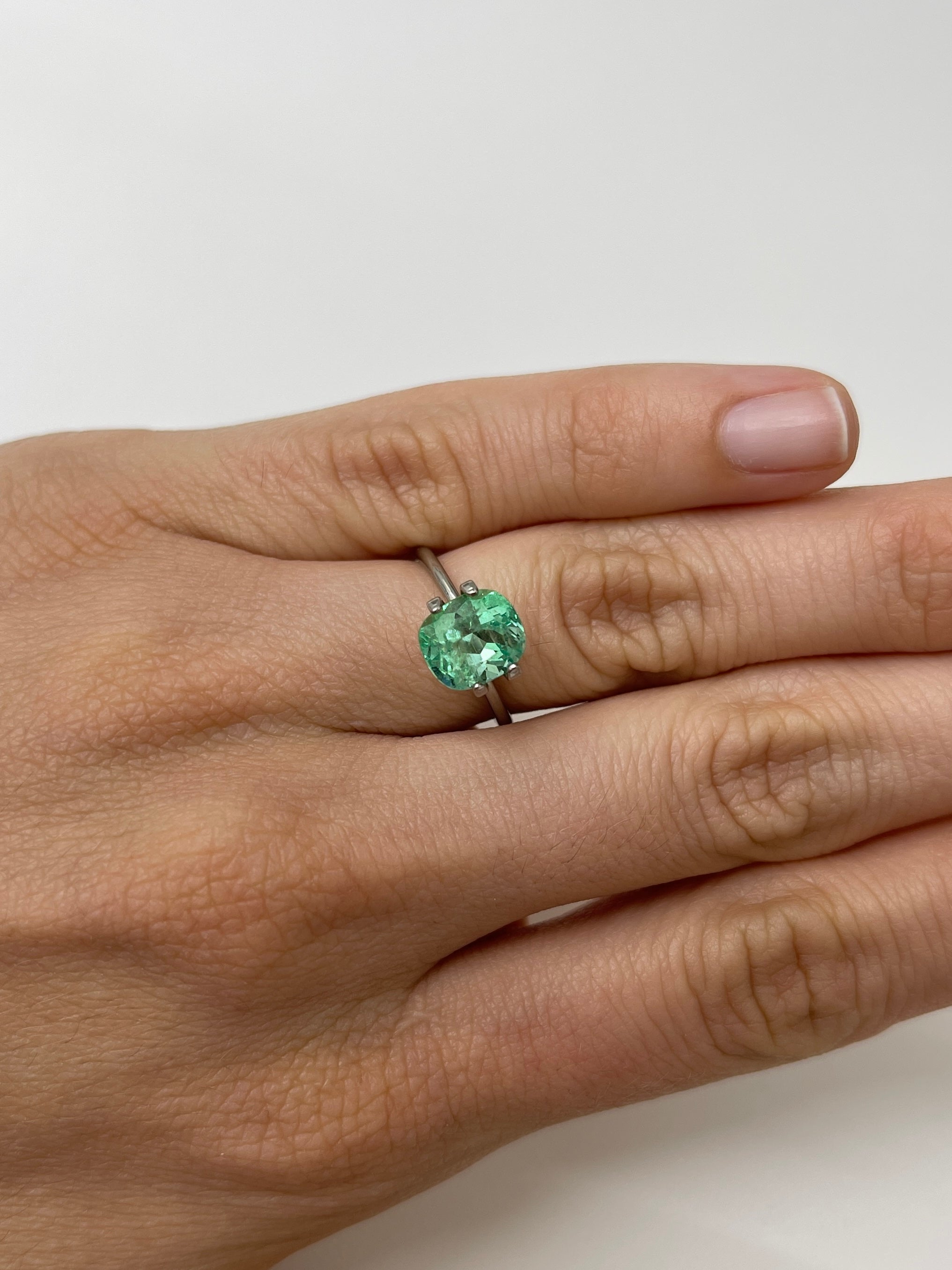2.41 carat eye-clean green Colombian emerald loose cushion cut gemstone from JR Colombian Emeralds.