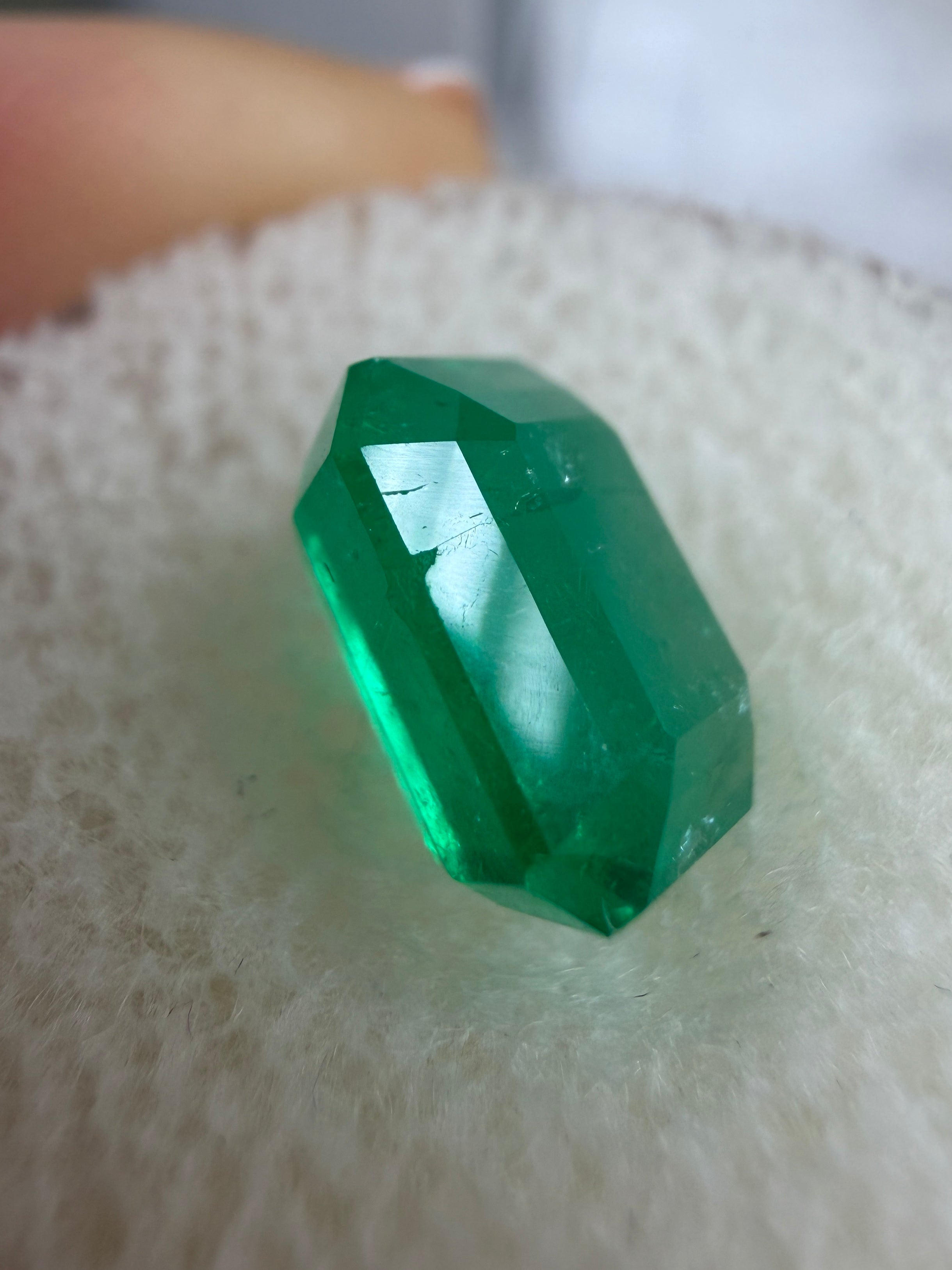 2.57 carat natural vivid Colombian emerald loose gemstone, 9x7 emerald cut, yellowish green color, from JR Colombian Emeralds