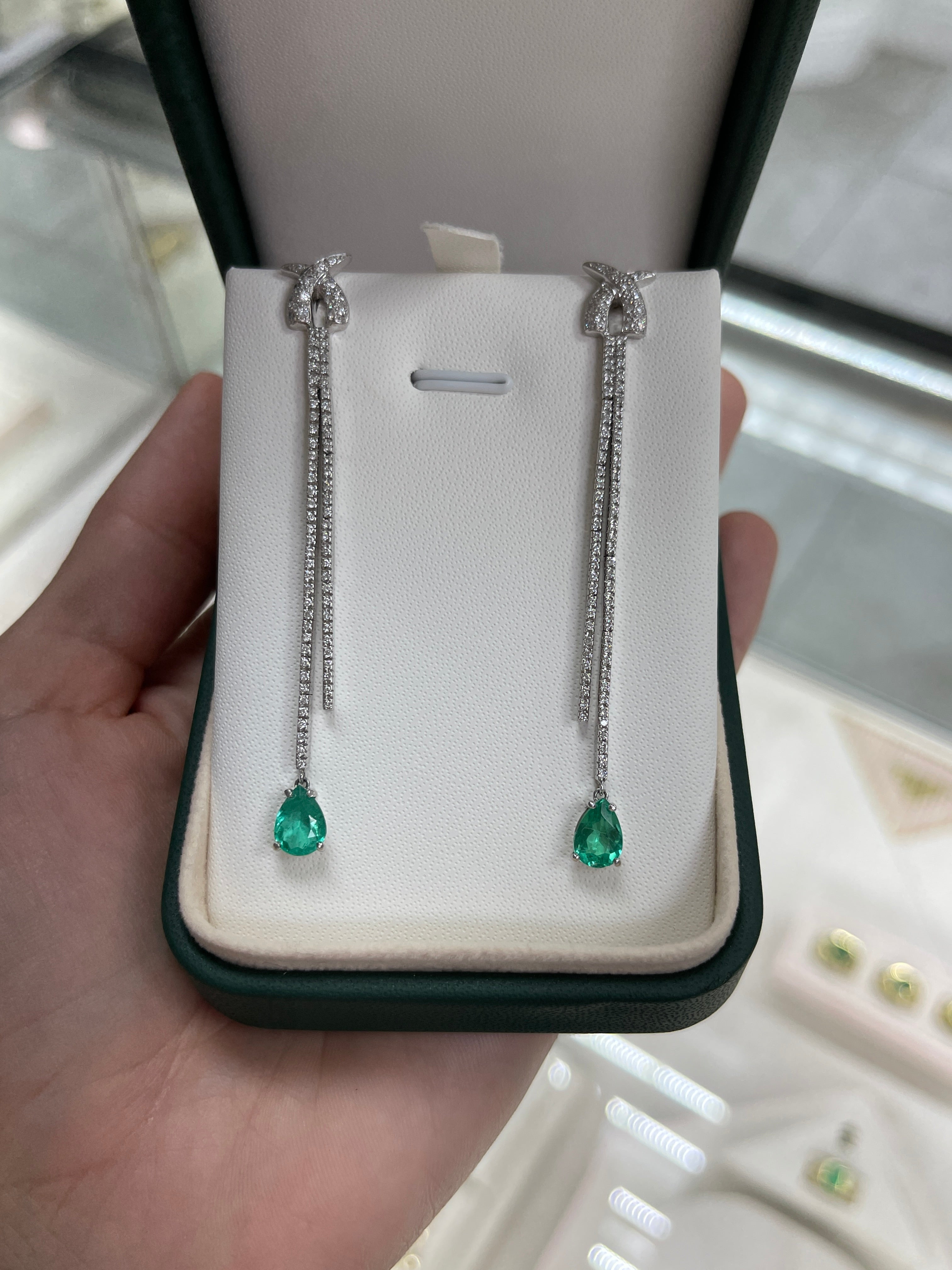 2.58tcw Teardrop Natural Emerald & Diamond Chandelier Earrings 18K White Gold - JR Colombian Emeralds