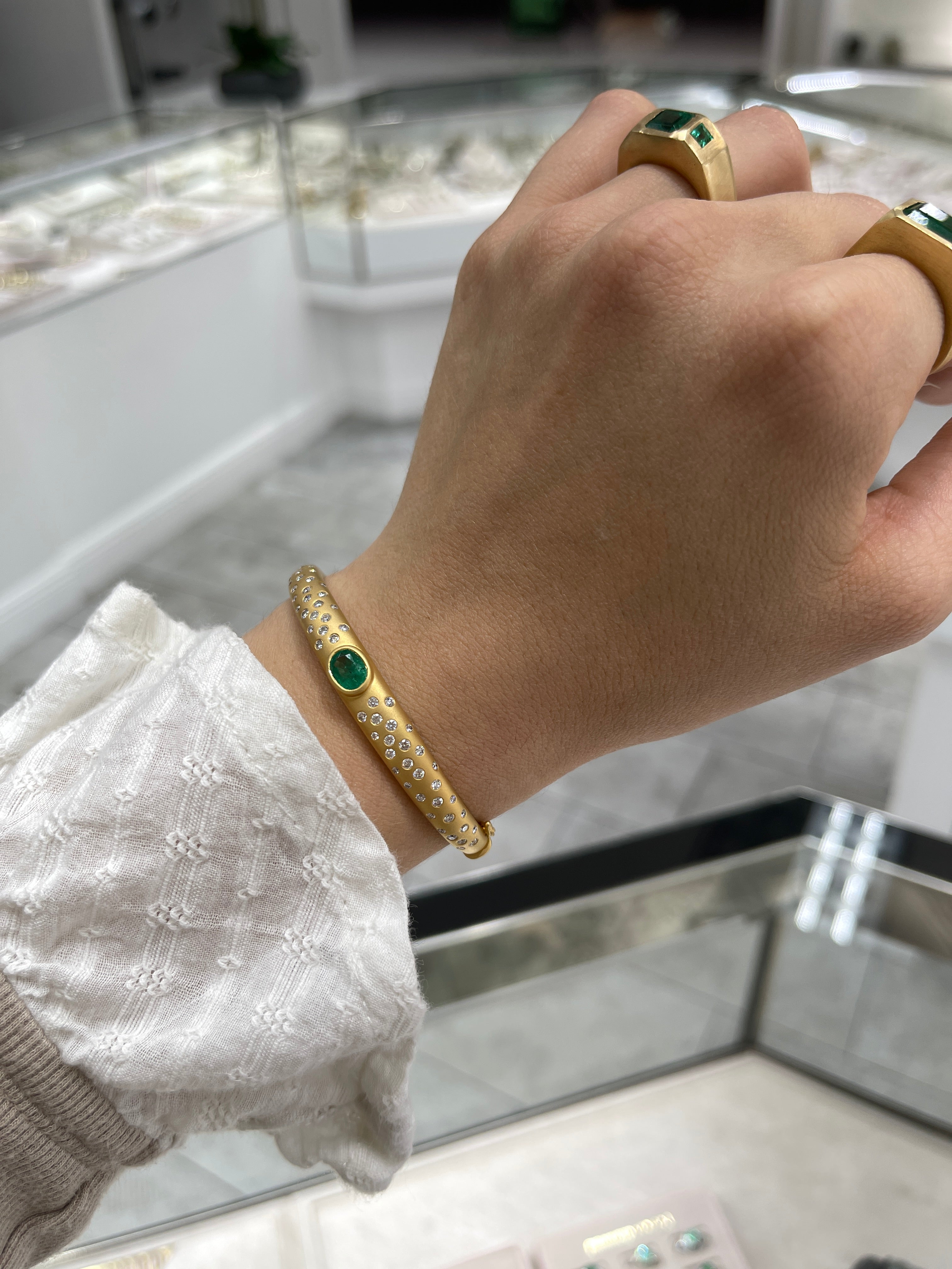 2.66tcw Celestial Emerald & Diamond Constellation Bangle in 14K Gold - JR Colombian Emeralds