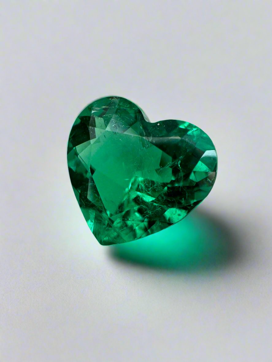 Vivid green 2.68 carat natural Colombian emerald in heart cut, AAA+ quality, loose gemstone from JR Colombian Emeralds.