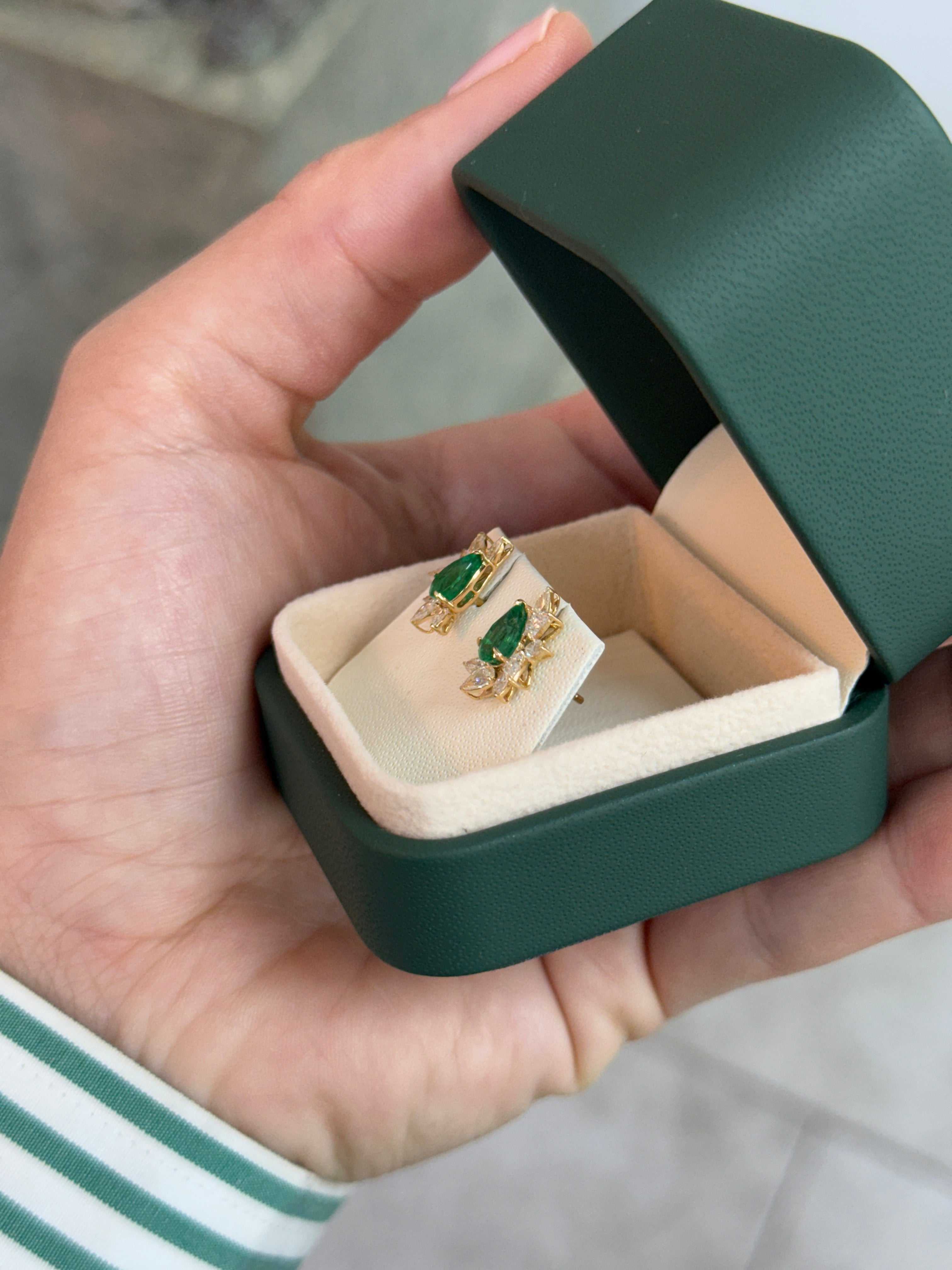 2.68tcw 18K Natural Rich Green Pear Emerald & Pear Diamond Starburst Stud Earrings- Yellow Gold