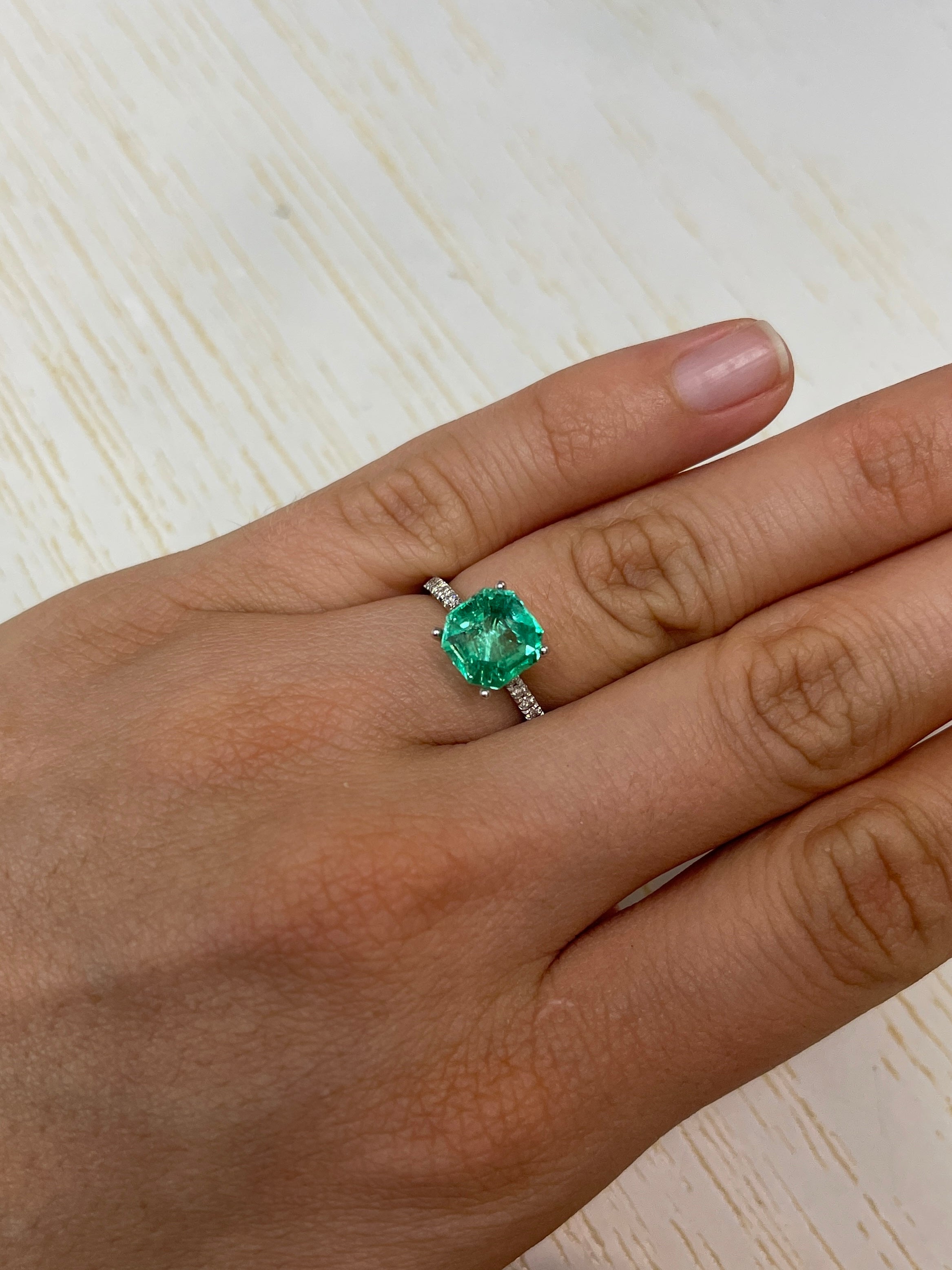 2.76 Carat natural Colombian emerald loose gemstone with Asscher cut and clipped corners, vibrant and vivid green from JR Colombian Emeralds