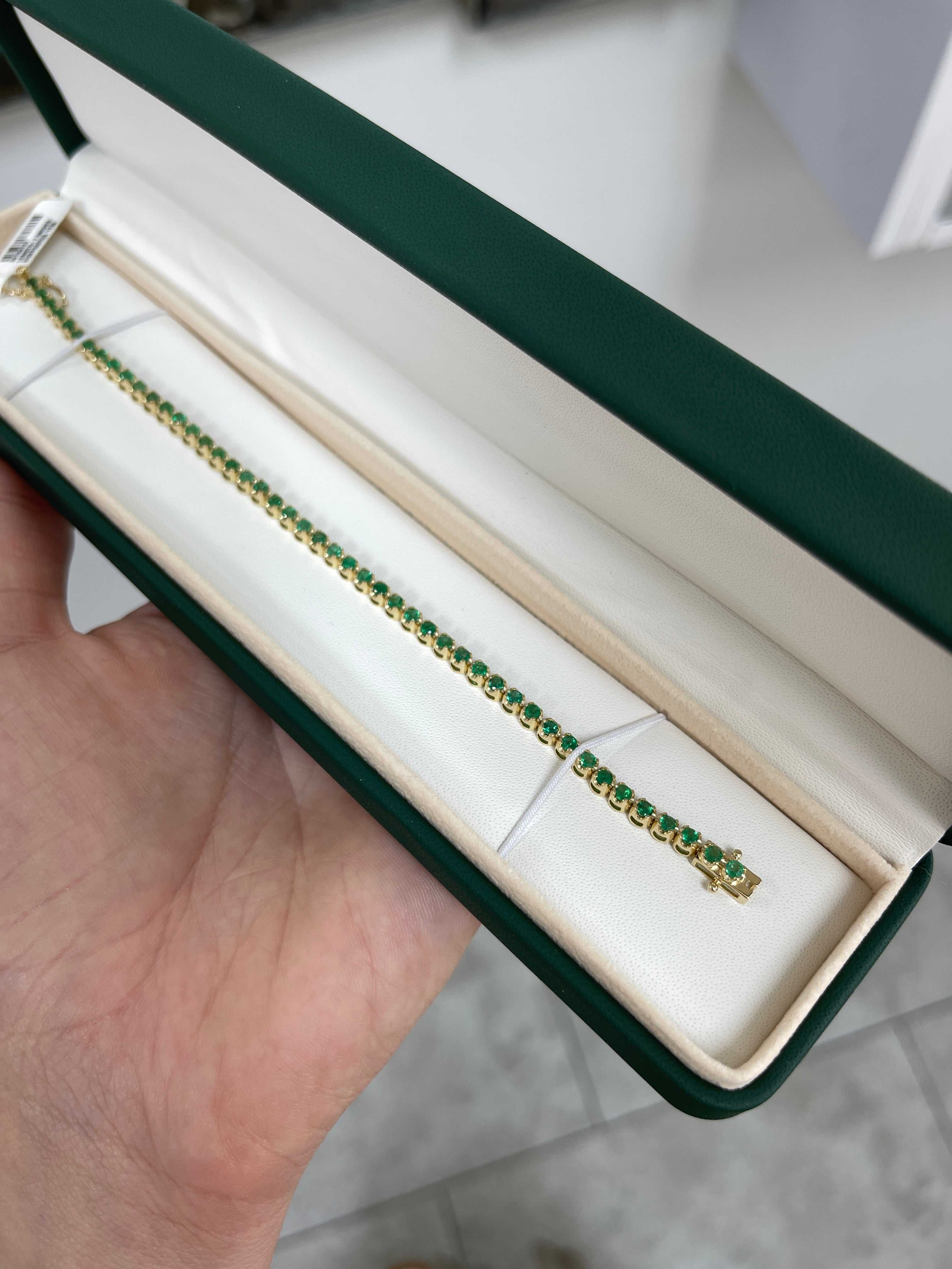 Medium green natural round emerald tennis bracelet by JR Colombian Emeralds, 7-inch 14K gold bracelet with 2.76tcw emeralds.