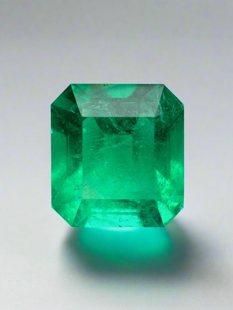 Vivid green 2.90 carat natural Colombian emerald loose in Asscher cut, showcasing brilliance and rich color.