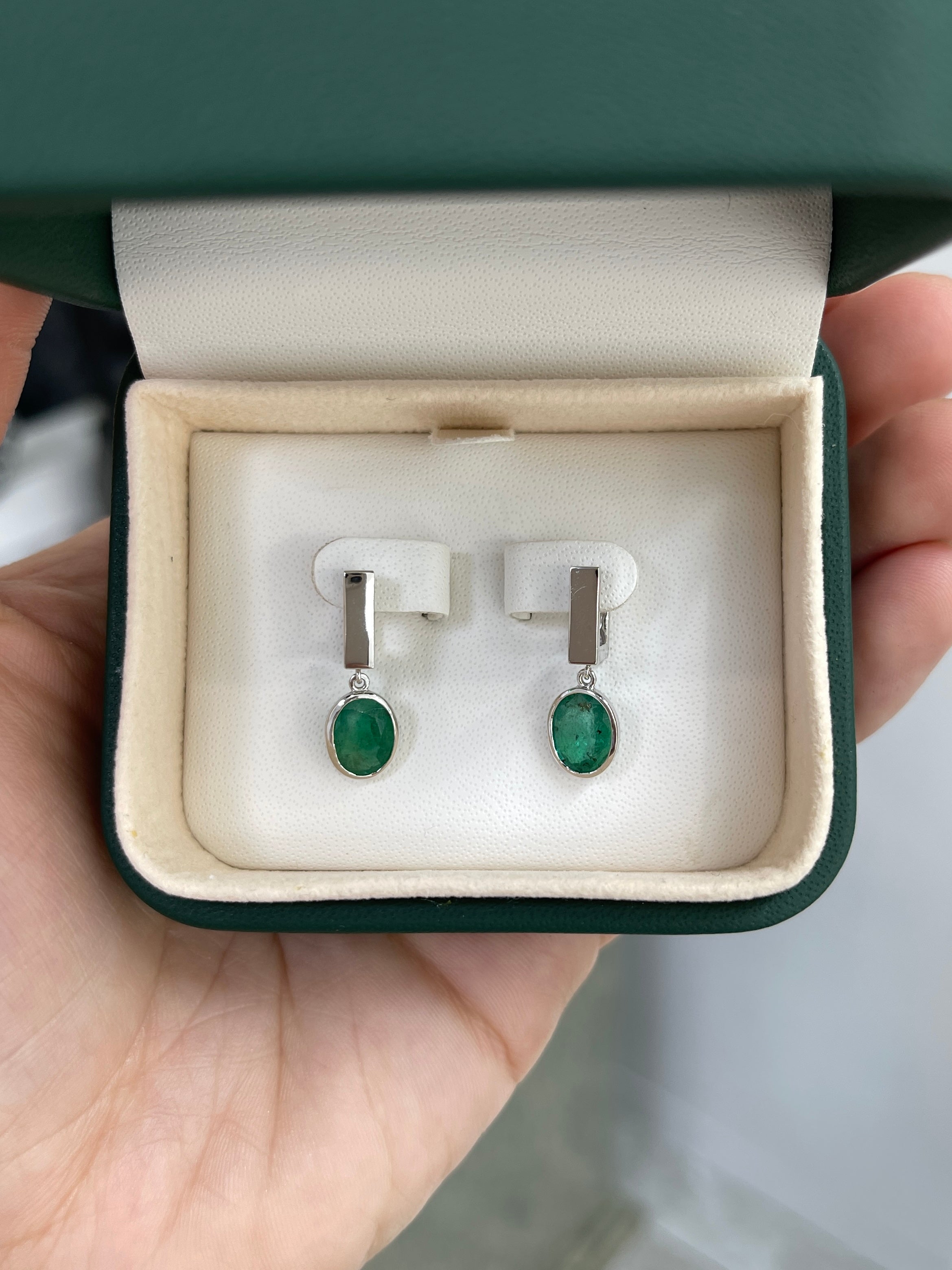 2.90tcw Bezel Set Oval Emerald Dangle Huggie Earrings 14K White Gold - JR Colombian Emeralds