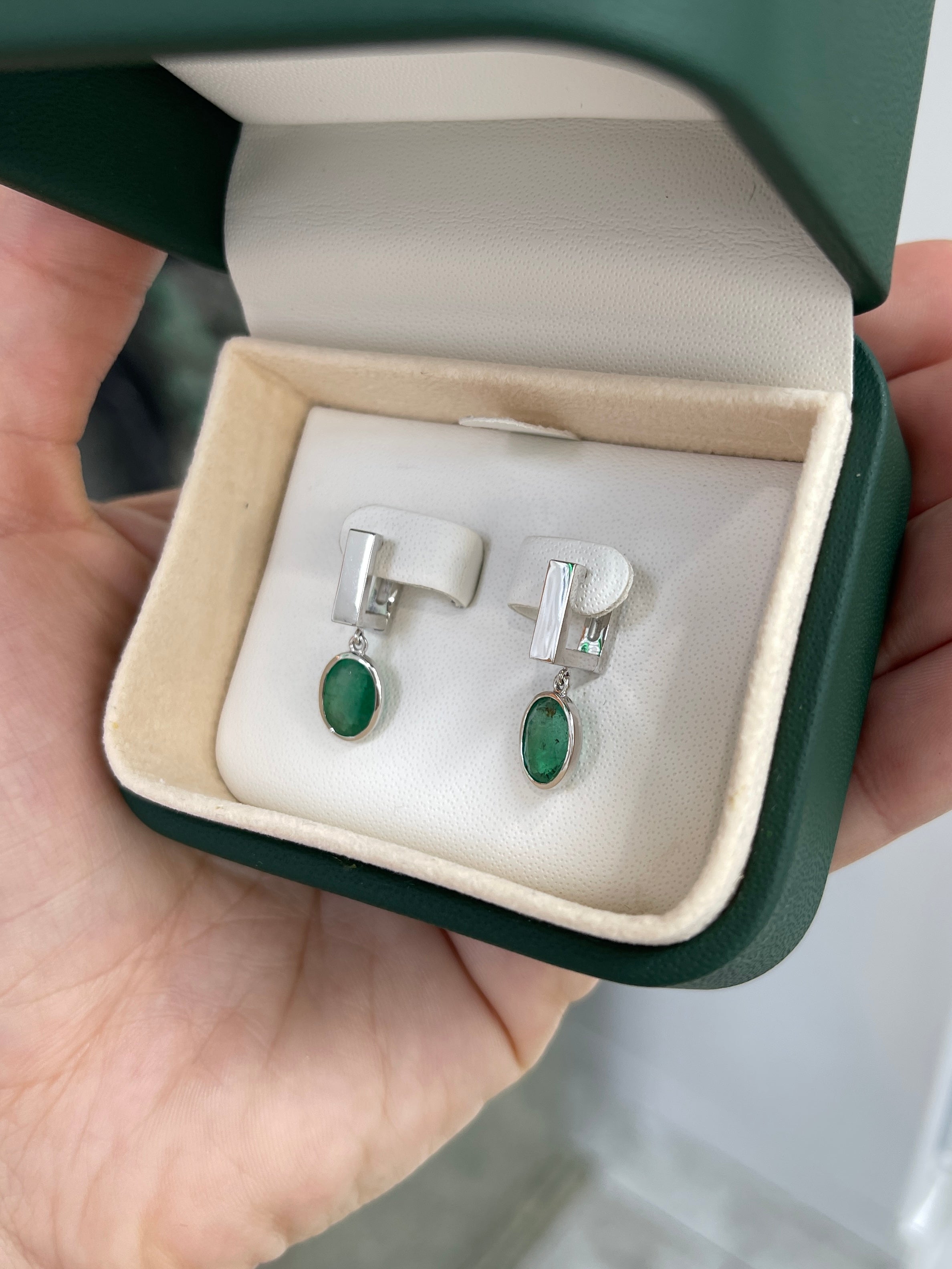 2.90tcw Bezel Set Oval Emerald Dangle Huggie Earrings 14K White Gold - JR Colombian Emeralds