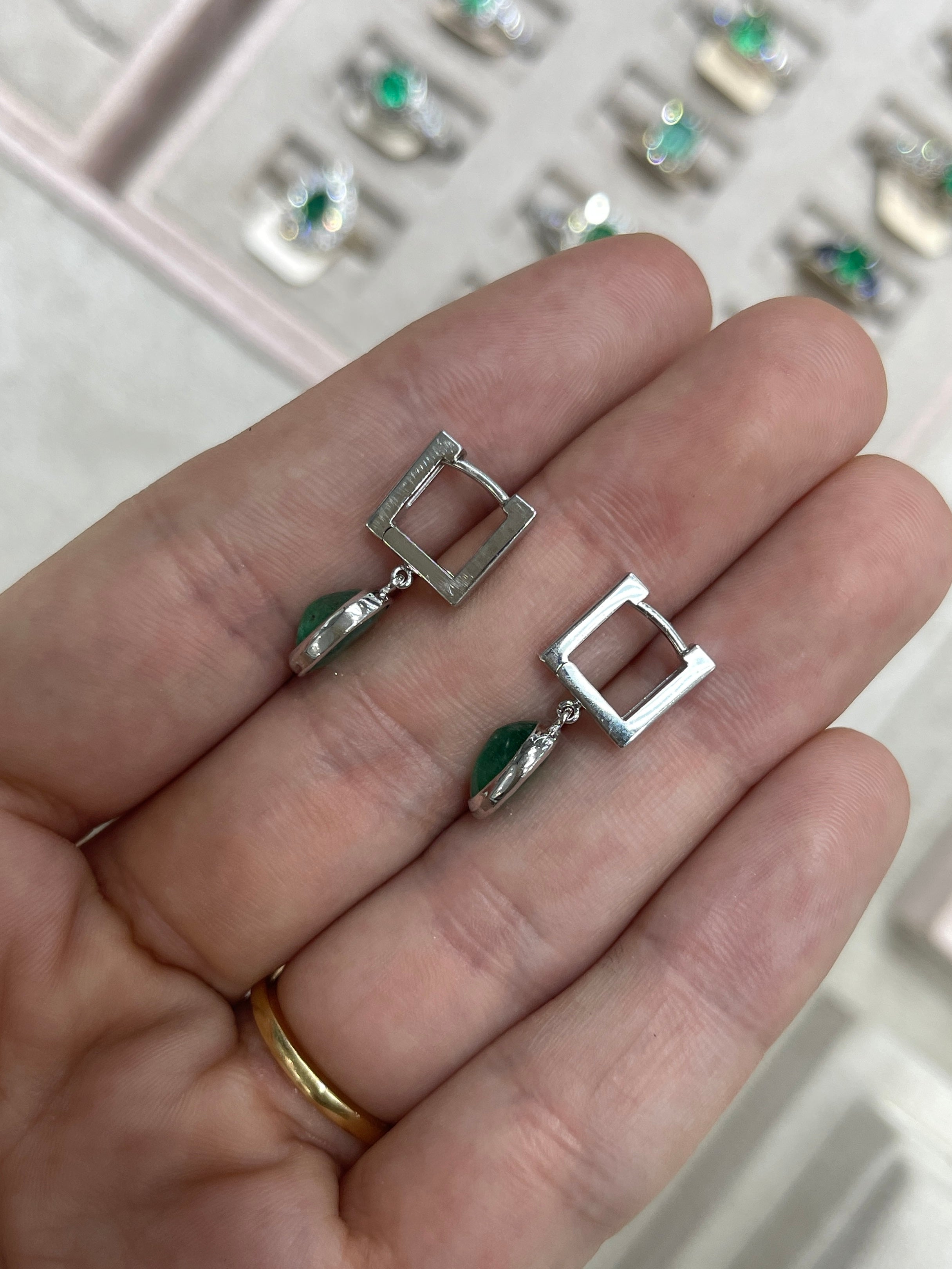 2.90tcw Bezel Set Oval Emerald Dangle Huggie Earrings 14K White Gold - JR Colombian Emeralds