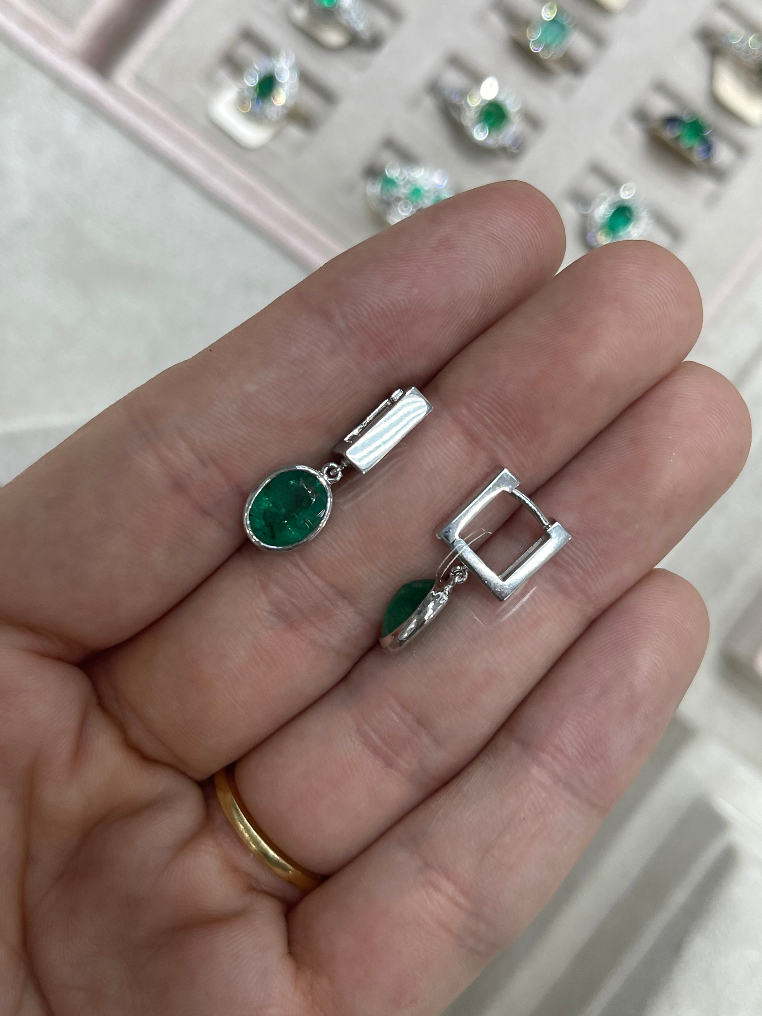 2.90tcw Bezel Set Oval Emerald Dangle Huggie Earrings 14K White Gold - JR Colombian Emeralds