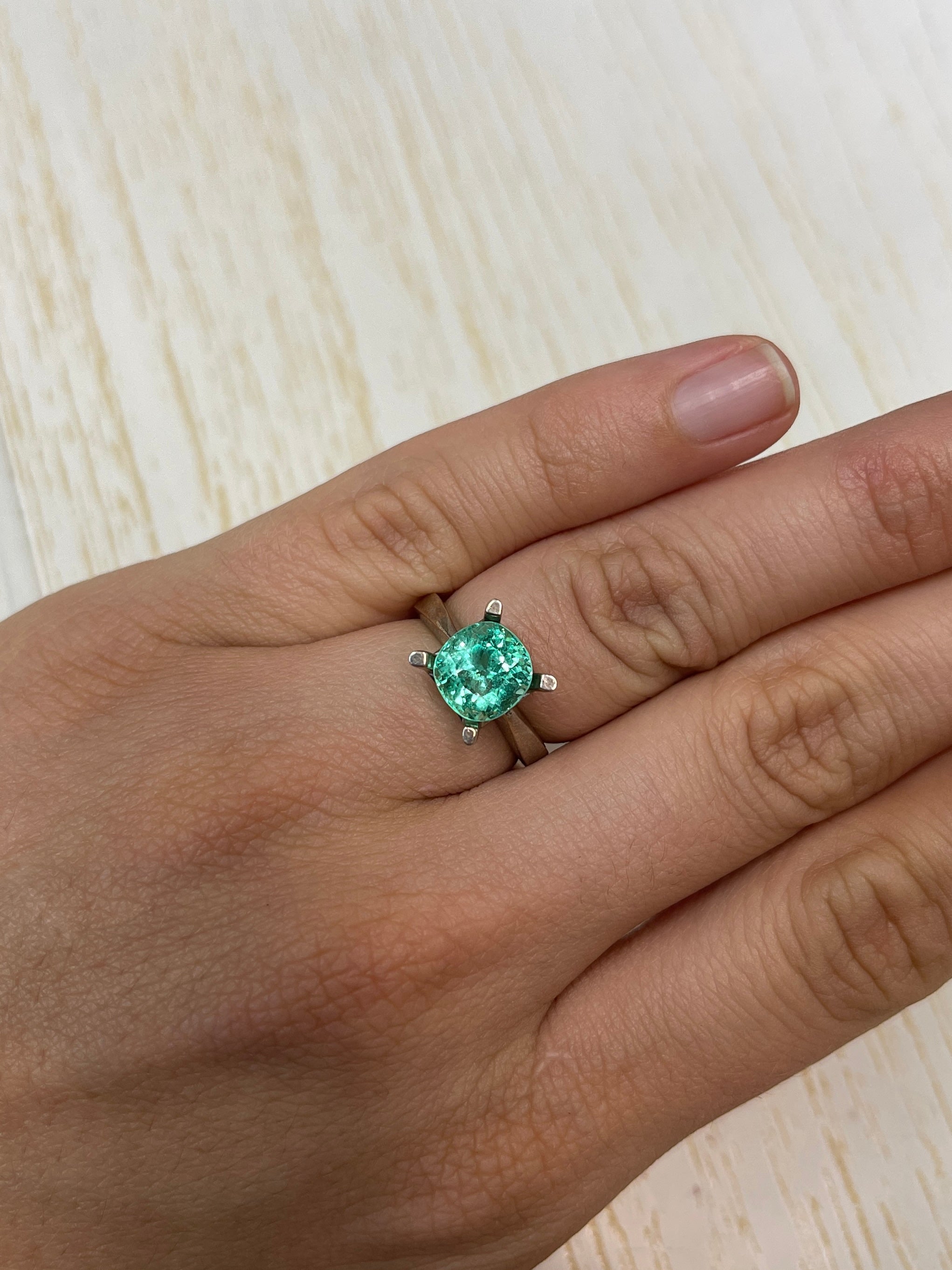 Loose 2.93 carat Colombian emerald with cushion cut, VVS clarity, natural vibrant green gemstone from JR Colombian Emeralds.