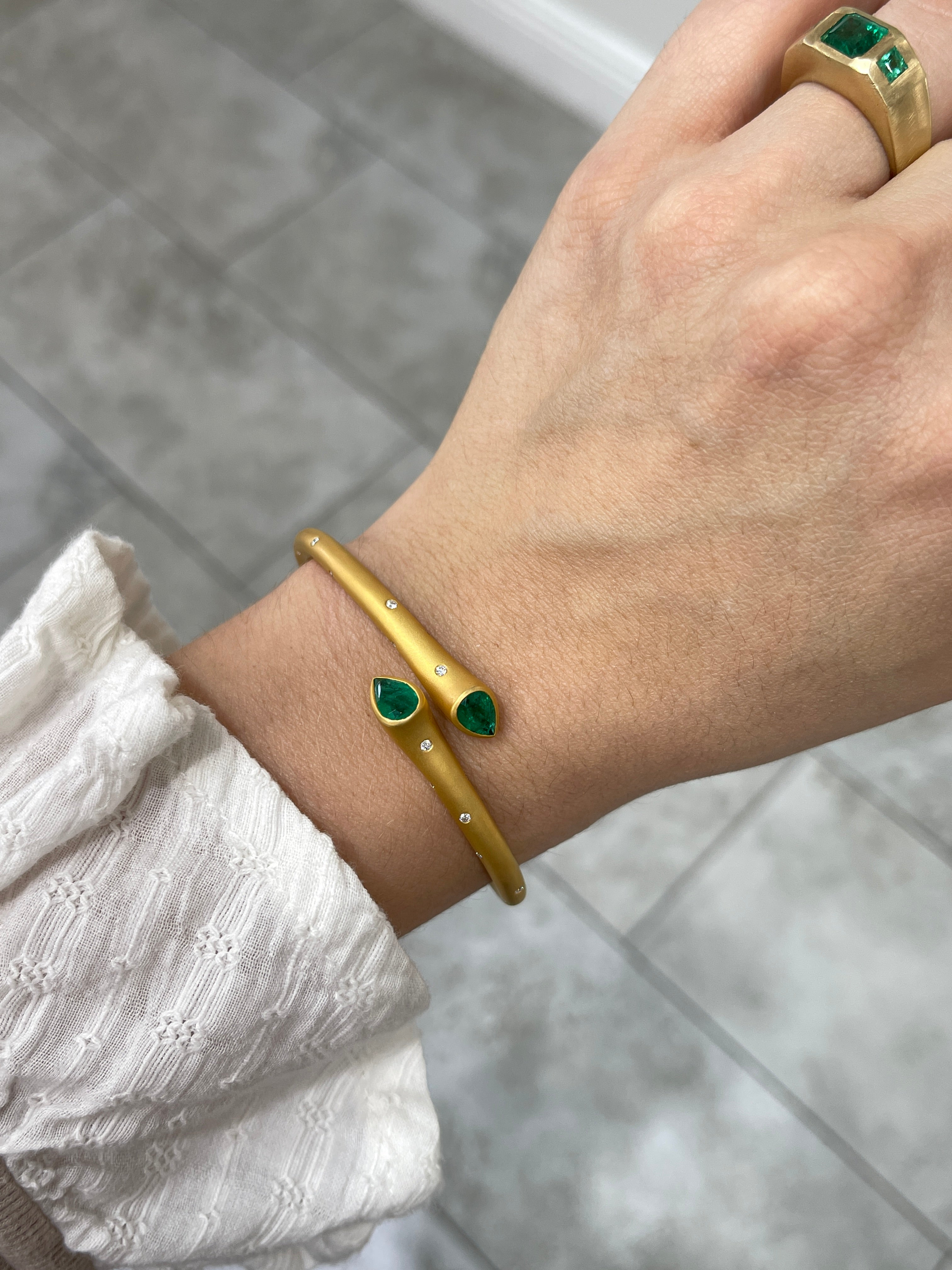 2.93tcw Pear Emerald & Diamond Bypass Cuff Bangle Bracelet 18K - JR Colombian Emeralds