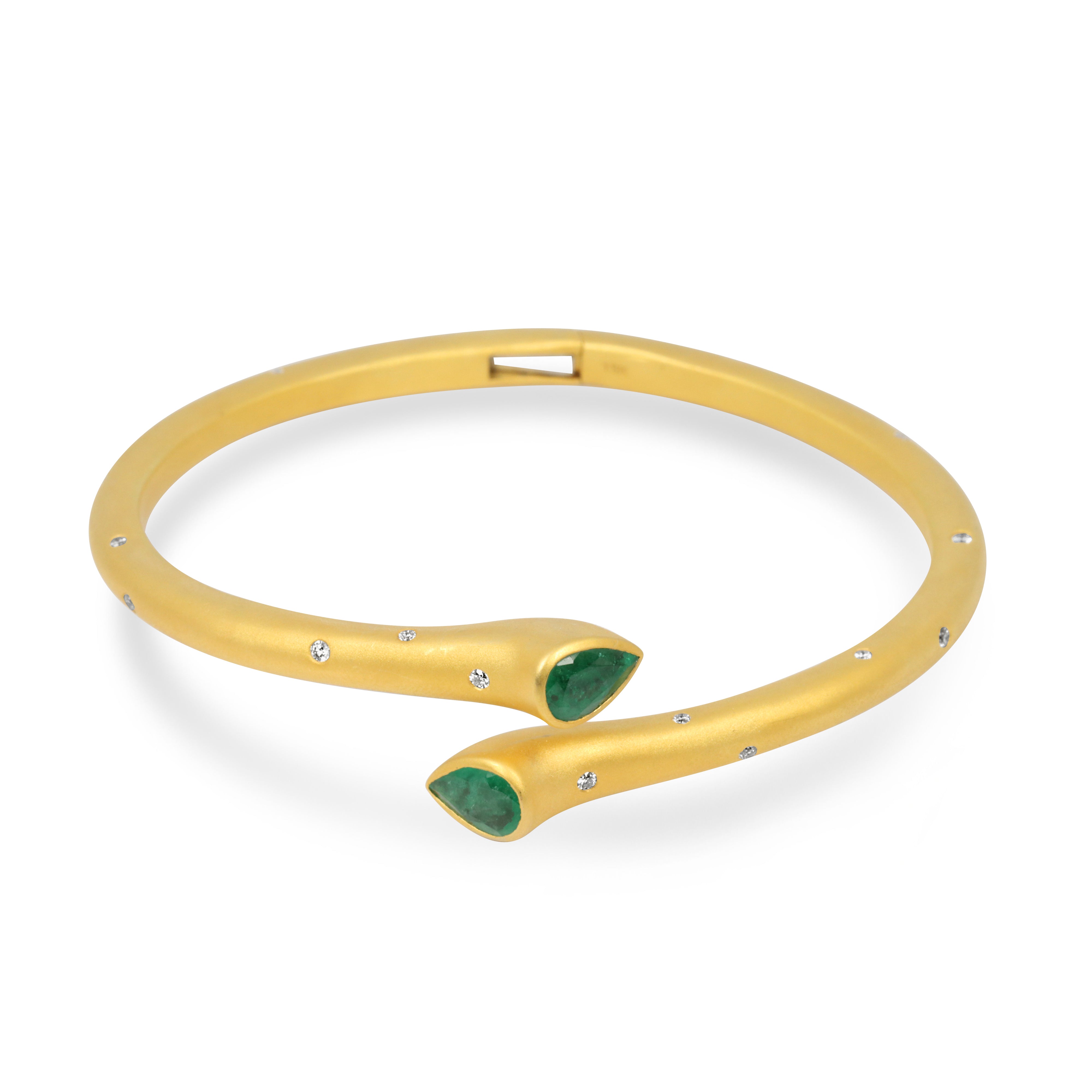 2.93tcw Pear Emerald & Diamond Bypass Cuff Bangle Bracelet 18K - JR Colombian Emeralds