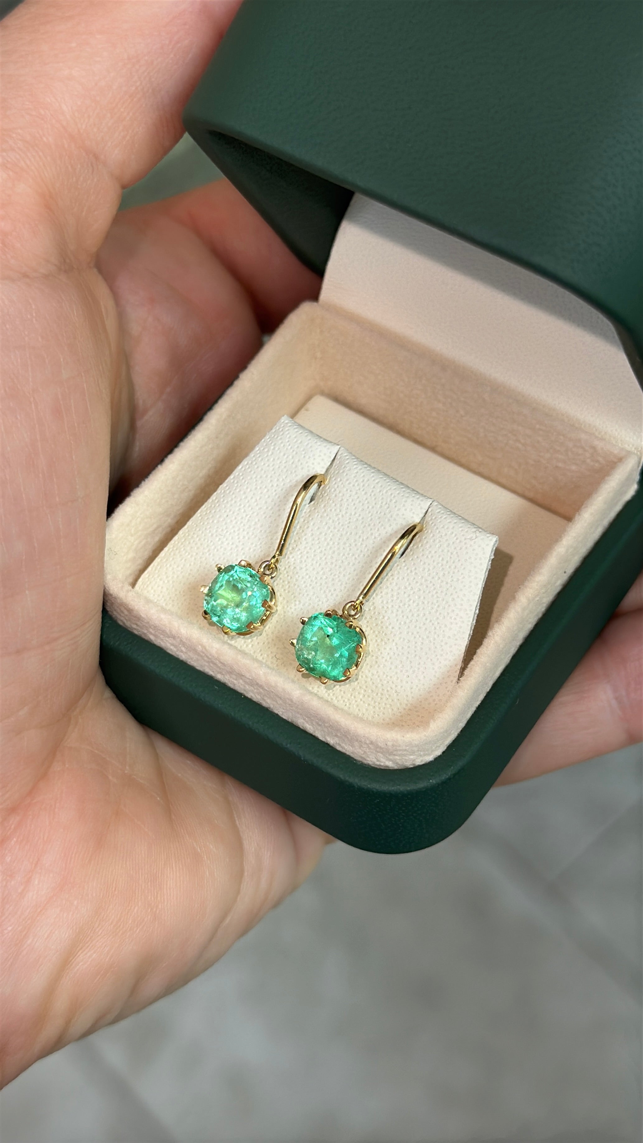 2.95tcw Multi Prong Colombian Emerald Cushion Cut French Hook Earrings