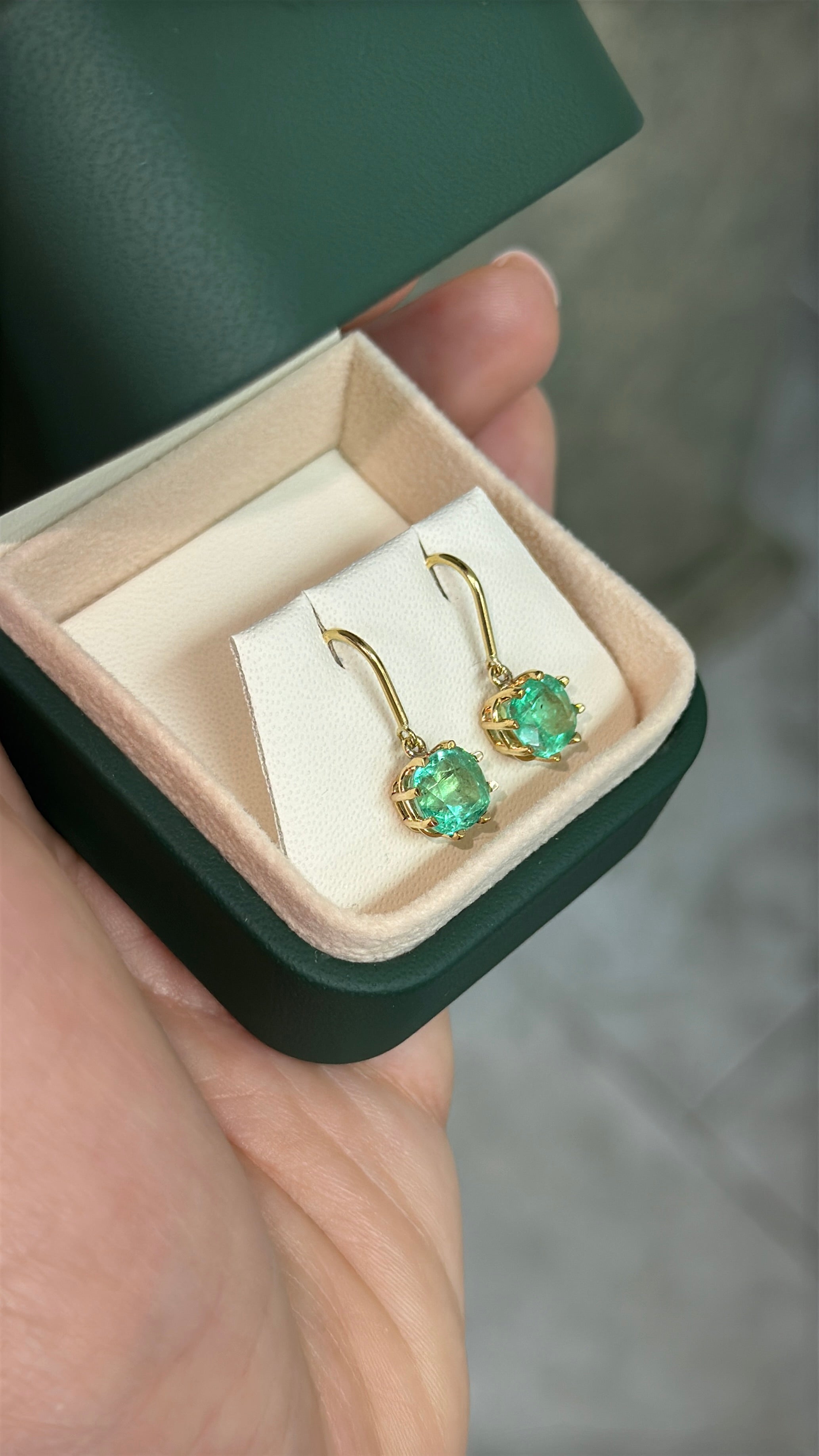 2.95tcw Multi Prong Colombian Emerald Cushion Cut French Hook Earrings