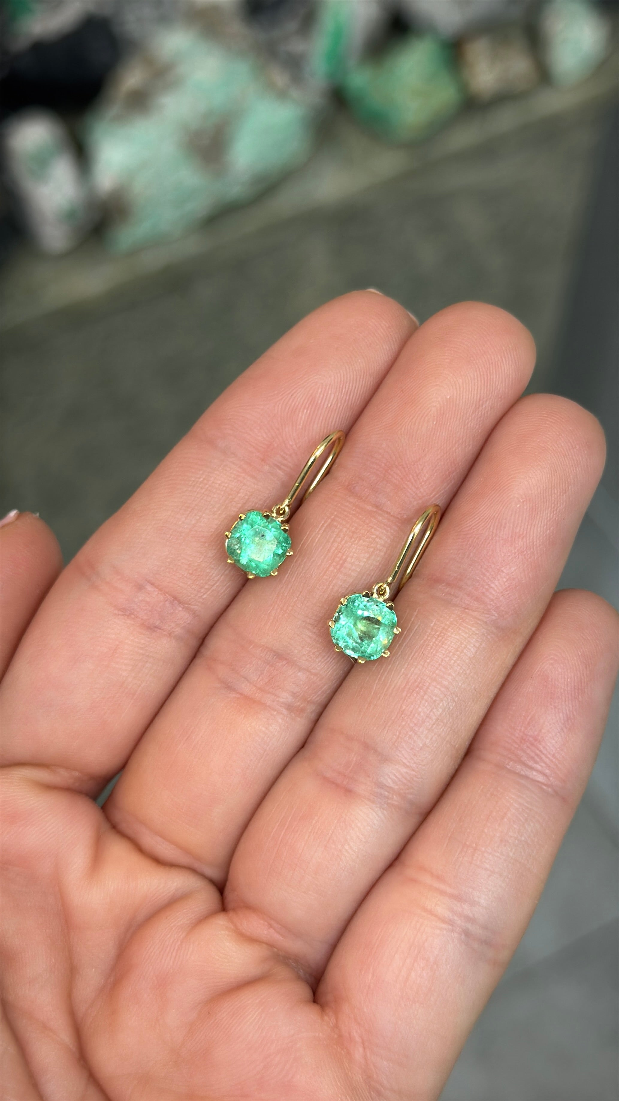 2.95tcw Multi Prong Colombian Emerald Cushion Cut French Hook Earrings