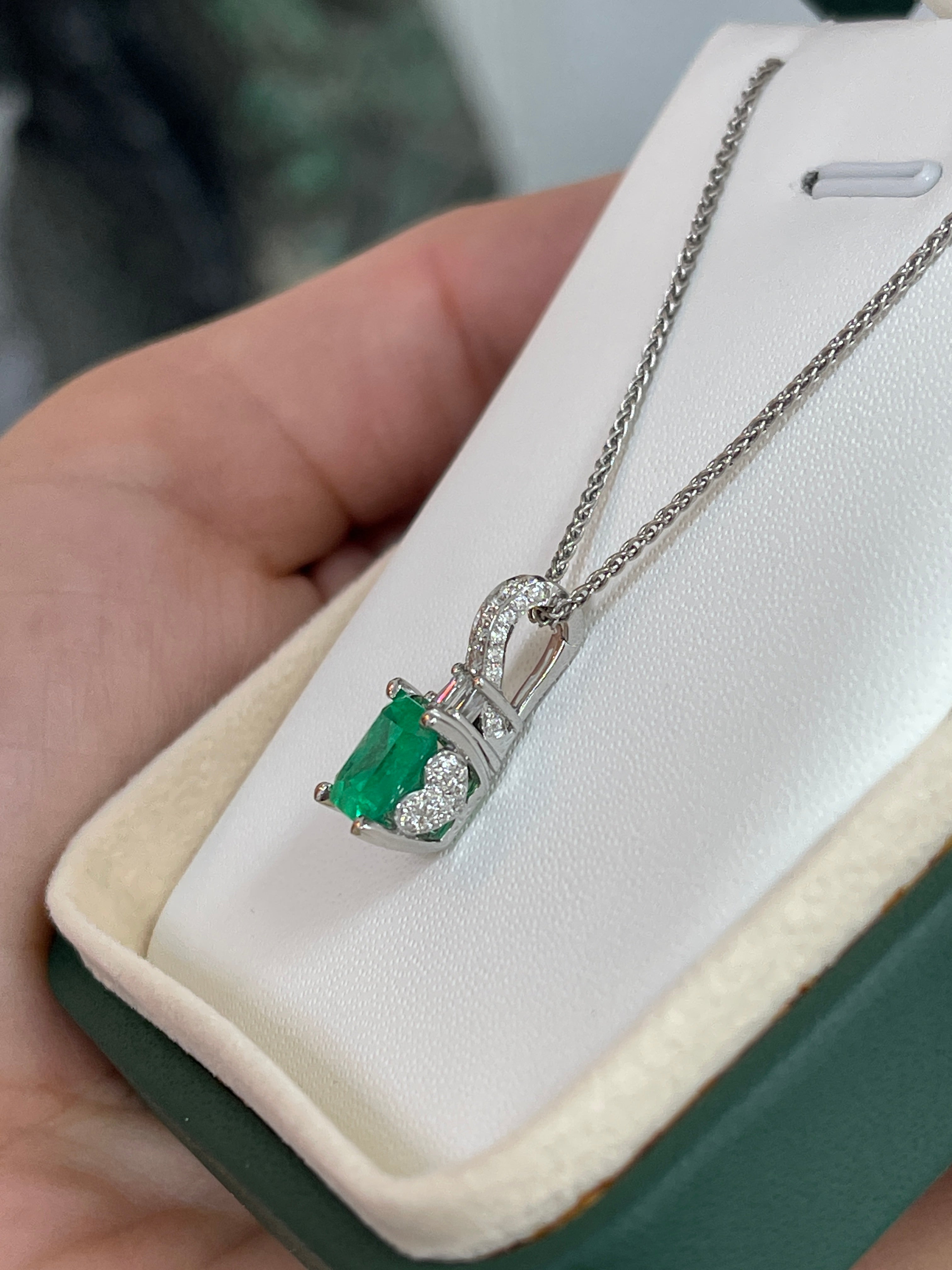 Asscher Cut Colombian Emerald and Diamond Pendant 18K White Gold Necklace - JR Colombian Emeralds