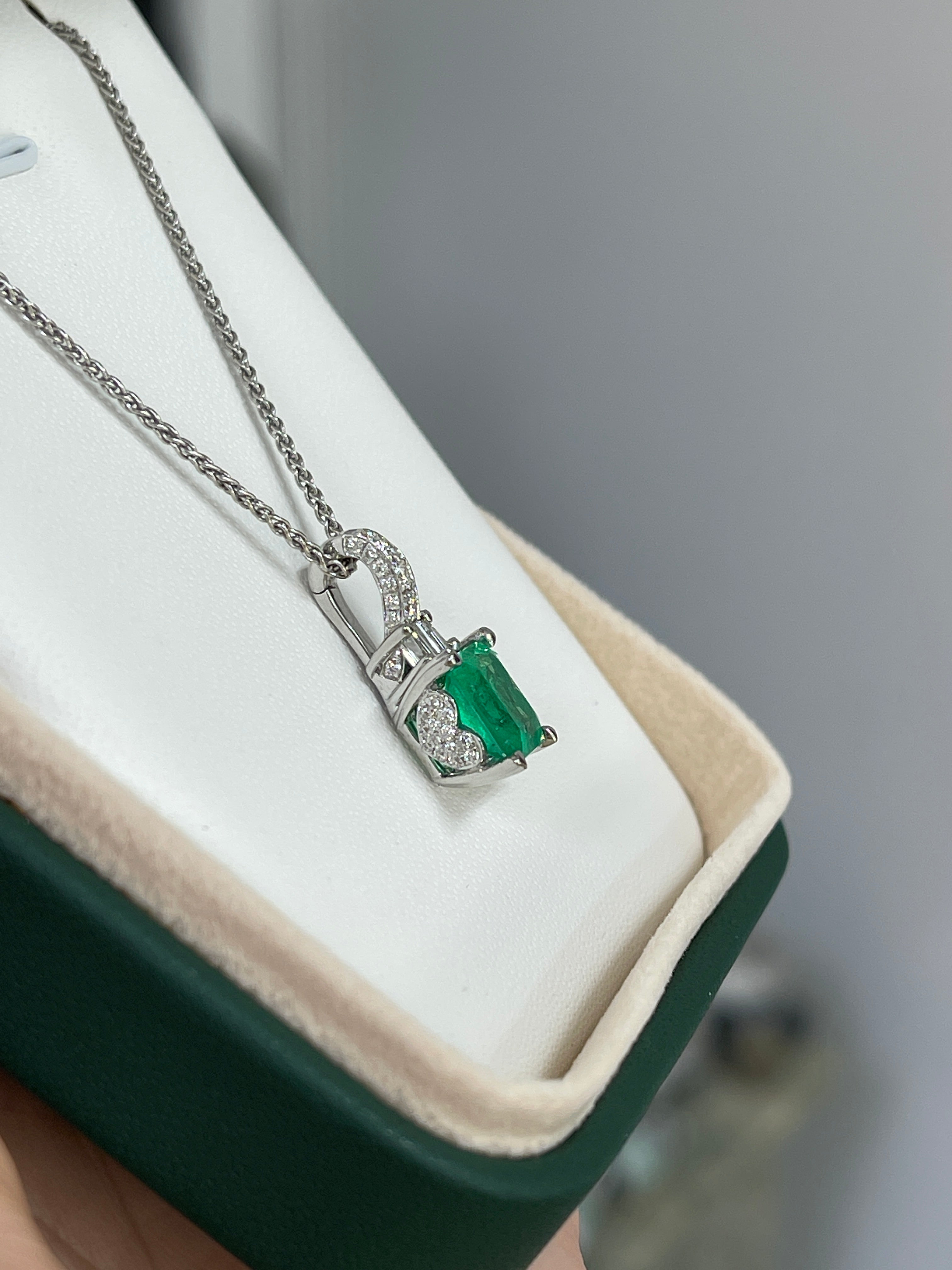 Asscher Cut Colombian Emerald and Diamond Pendant 18K White Gold Necklace - JR Colombian Emeralds