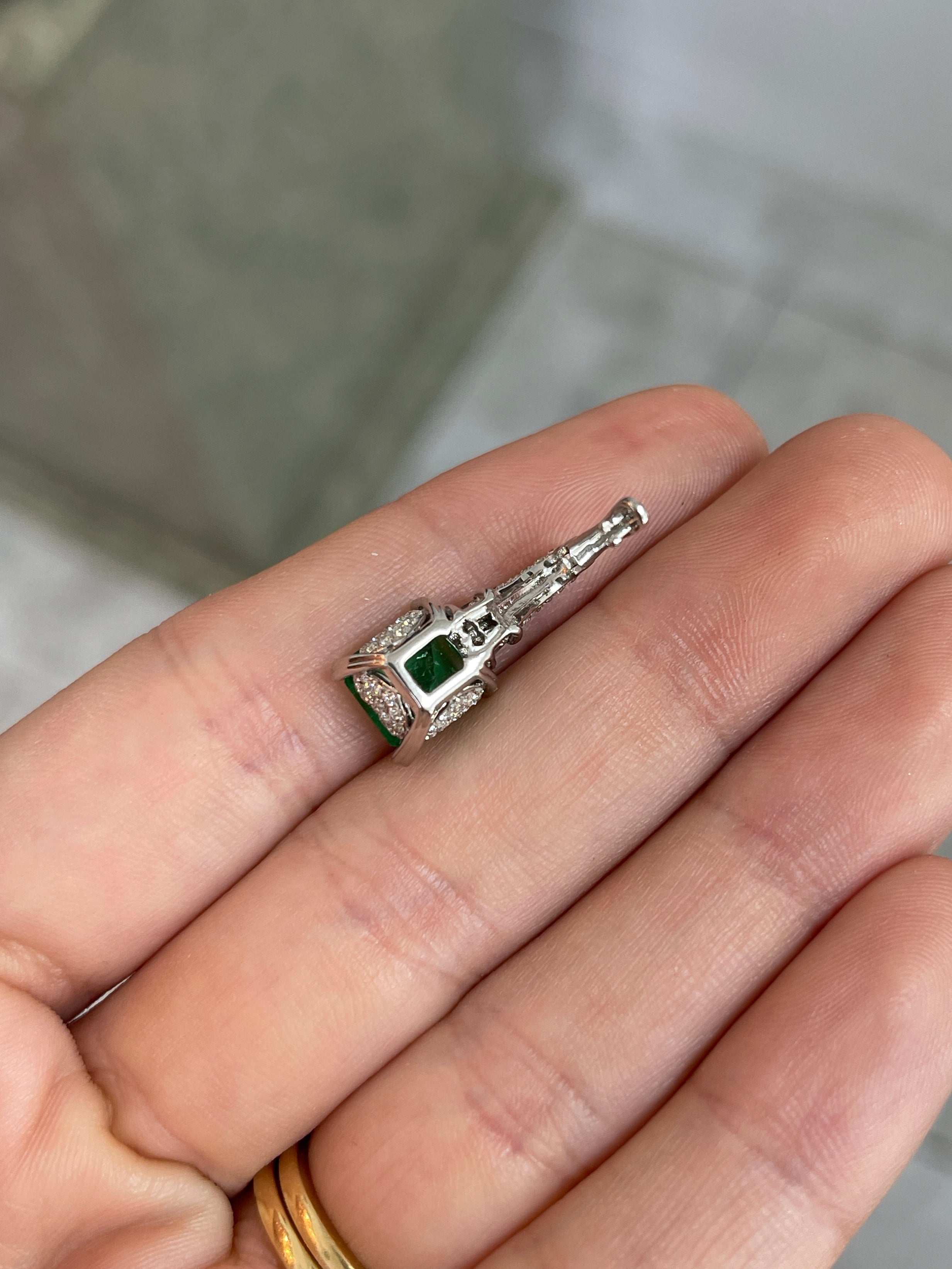 Asscher Cut Colombian Emerald and Diamond Pendant 18K White Gold Necklace - JR Colombian Emeralds