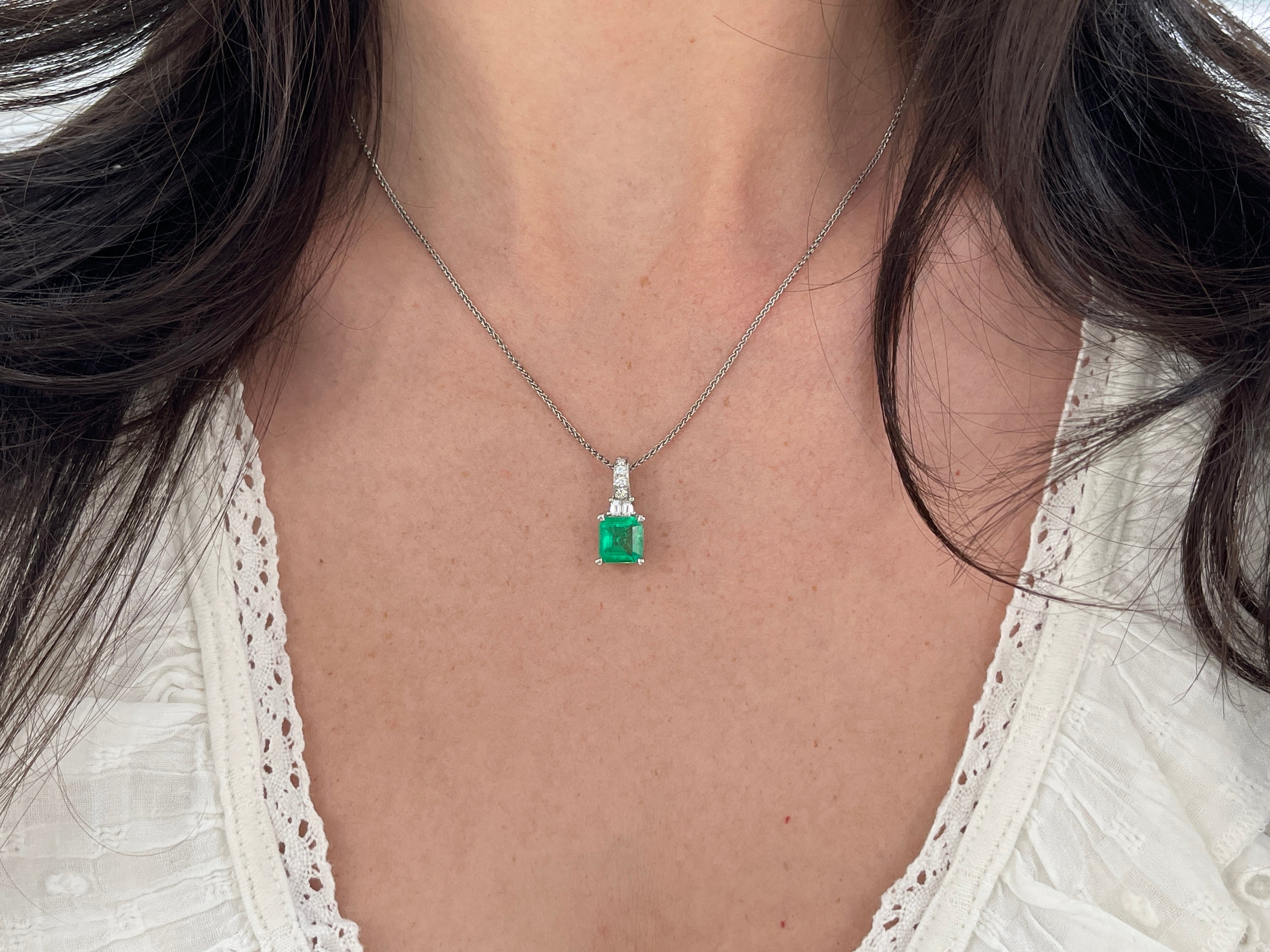 Asscher Cut Colombian Emerald and Diamond Pendant 18K White Gold Necklace - JR Colombian Emeralds