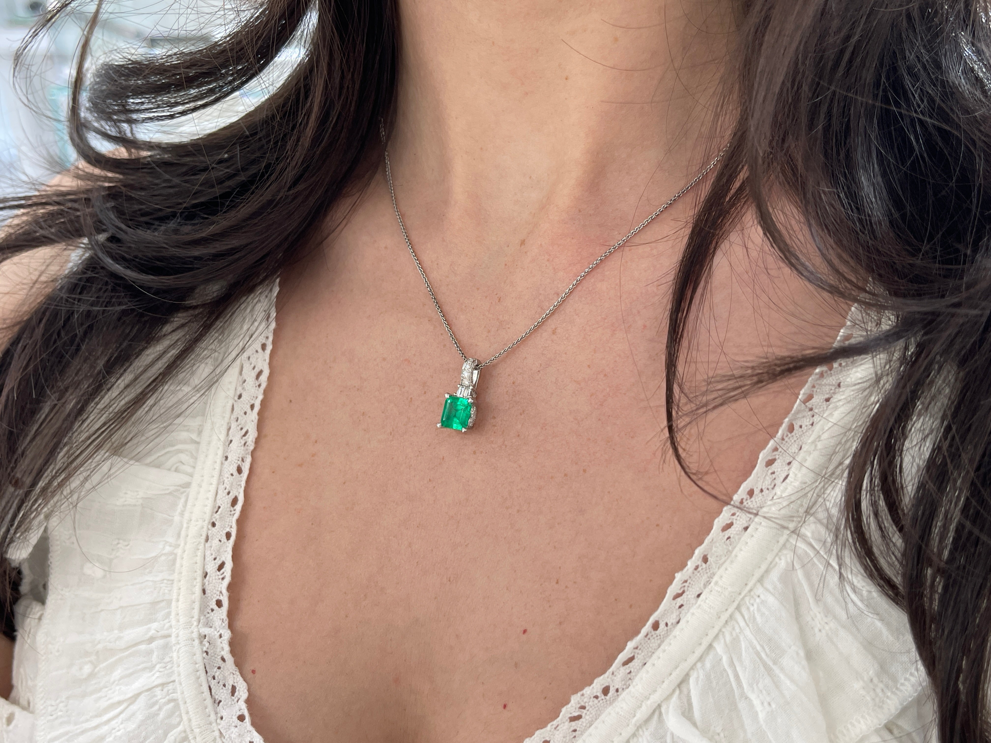 Asscher Cut Colombian Emerald and Diamond Pendant 18K White Gold Necklace - JR Colombian Emeralds