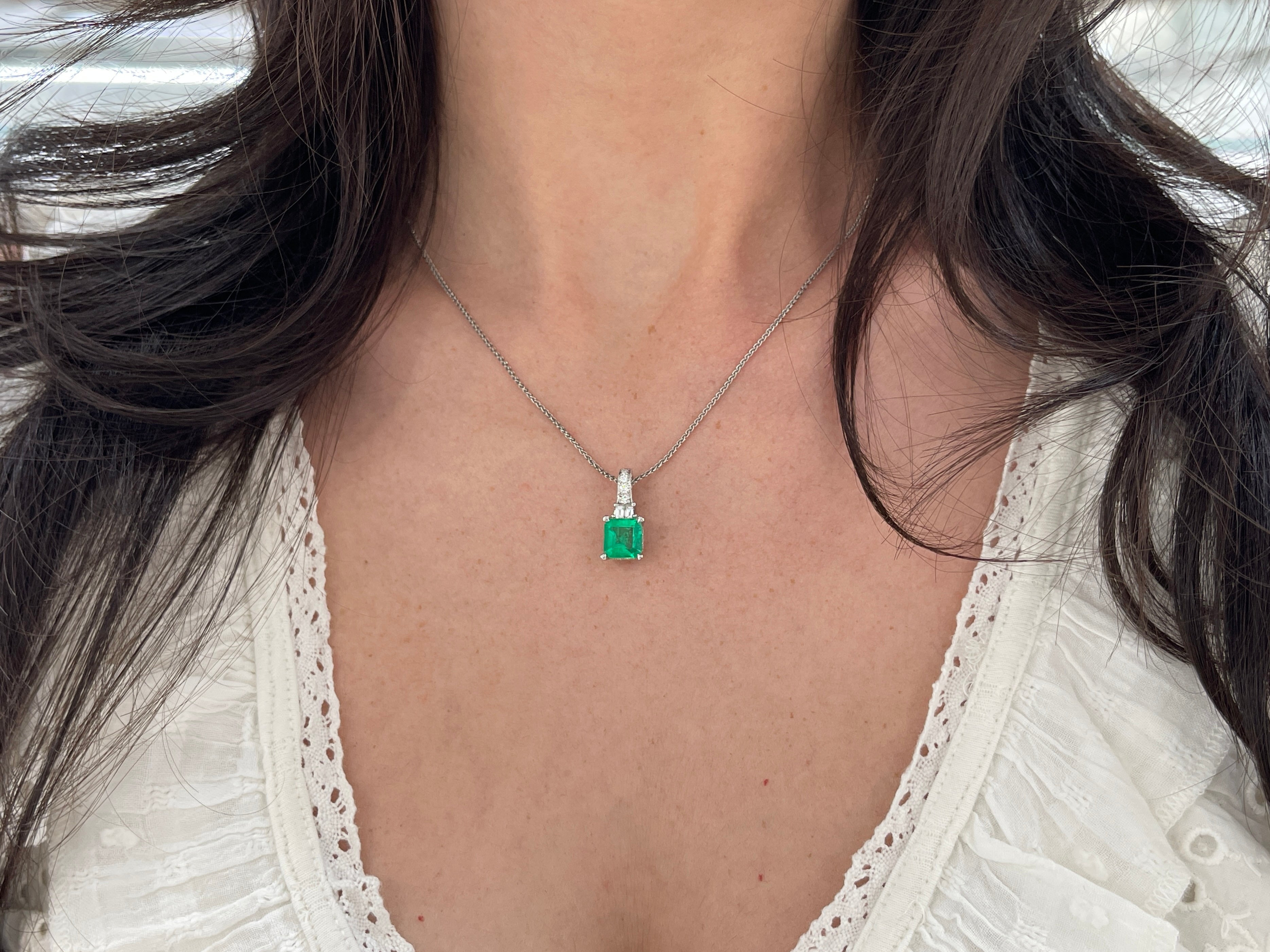 Asscher Cut Colombian Emerald and Diamond Pendant 18K White Gold Necklace - JR Colombian Emeralds