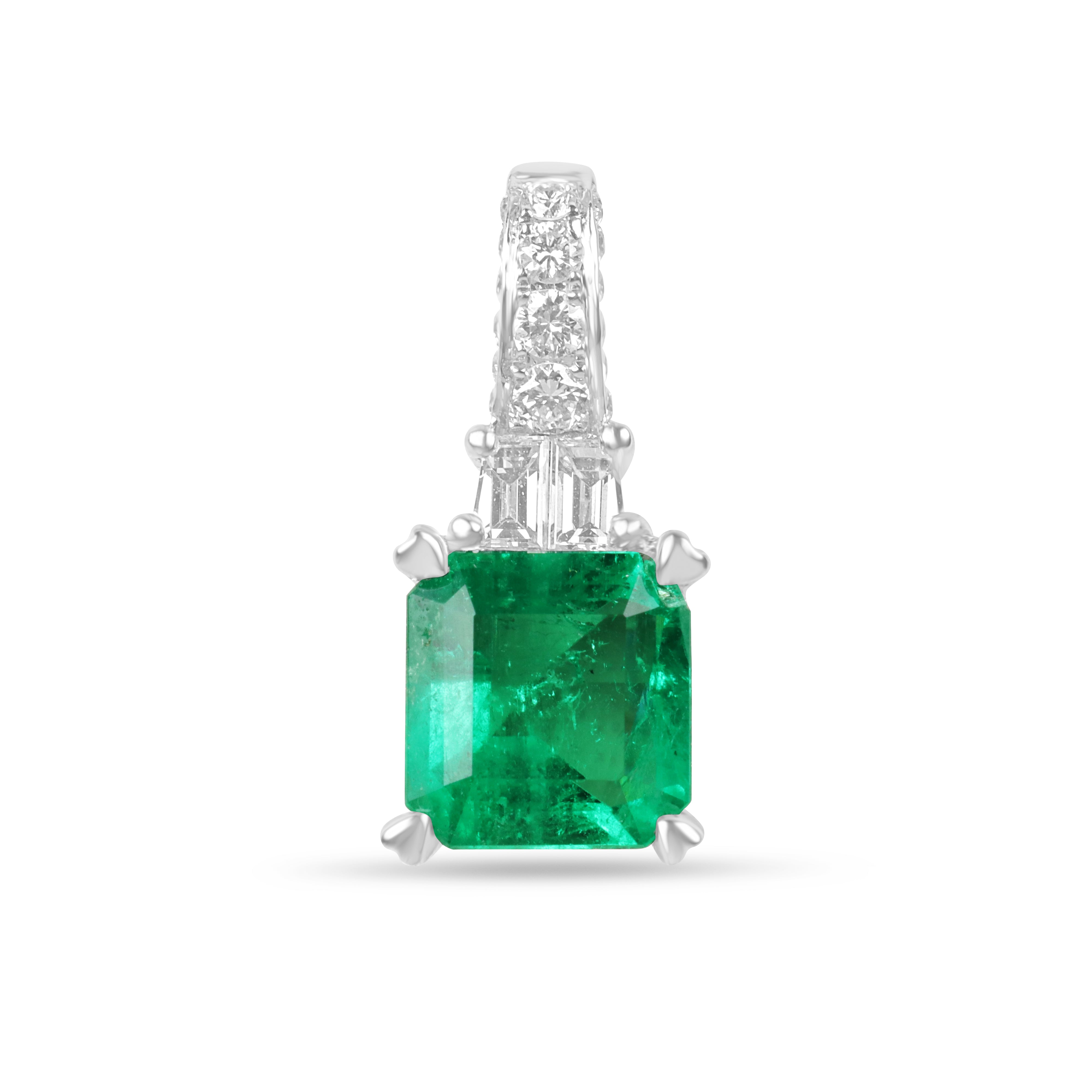 2.97tcw 18K Asscher Cut Colombian Emerald and Diamond White Gold Pendant Necklace