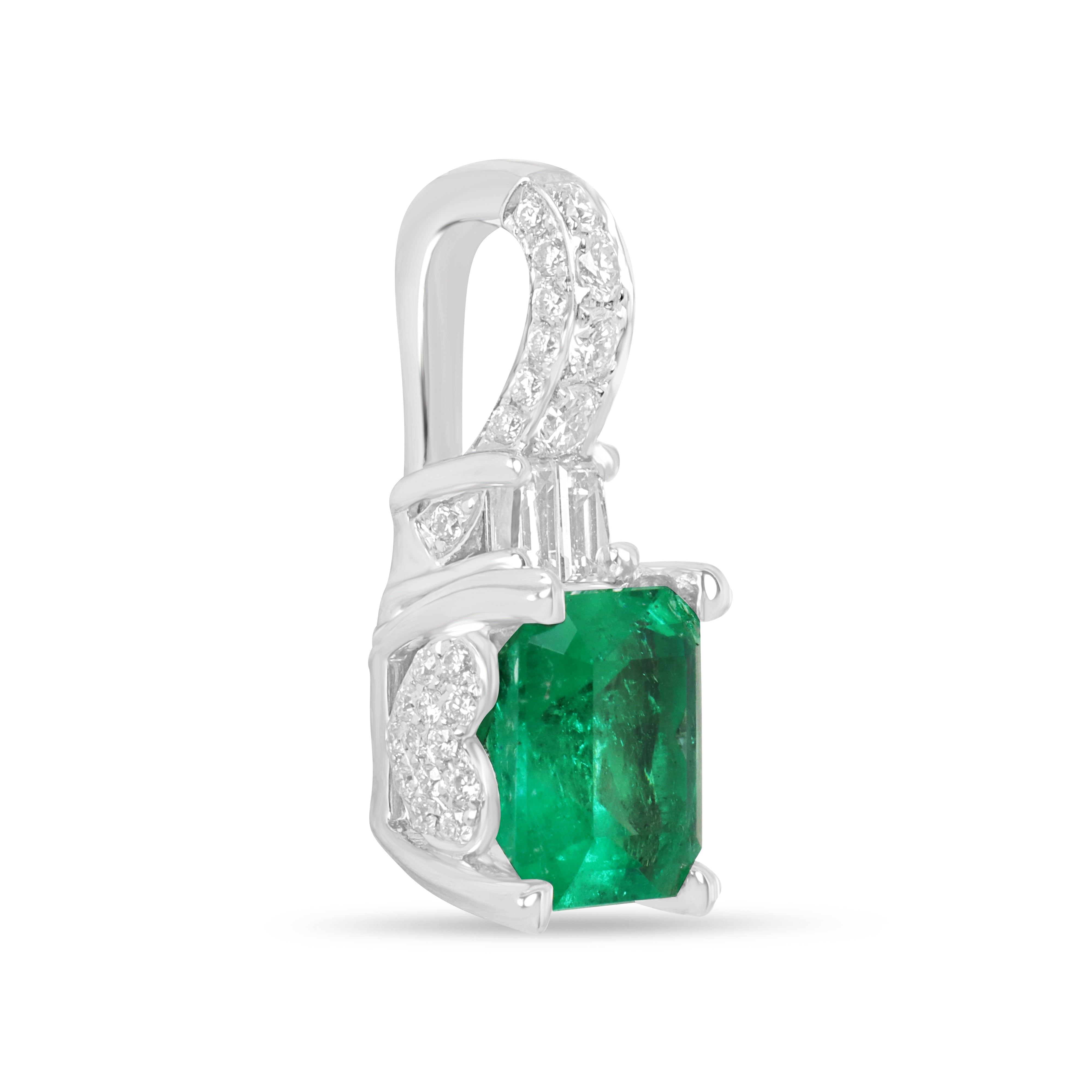 2.97tcw 18K Asscher Cut Colombian Emerald and Diamond White Gold Pendant Necklace
