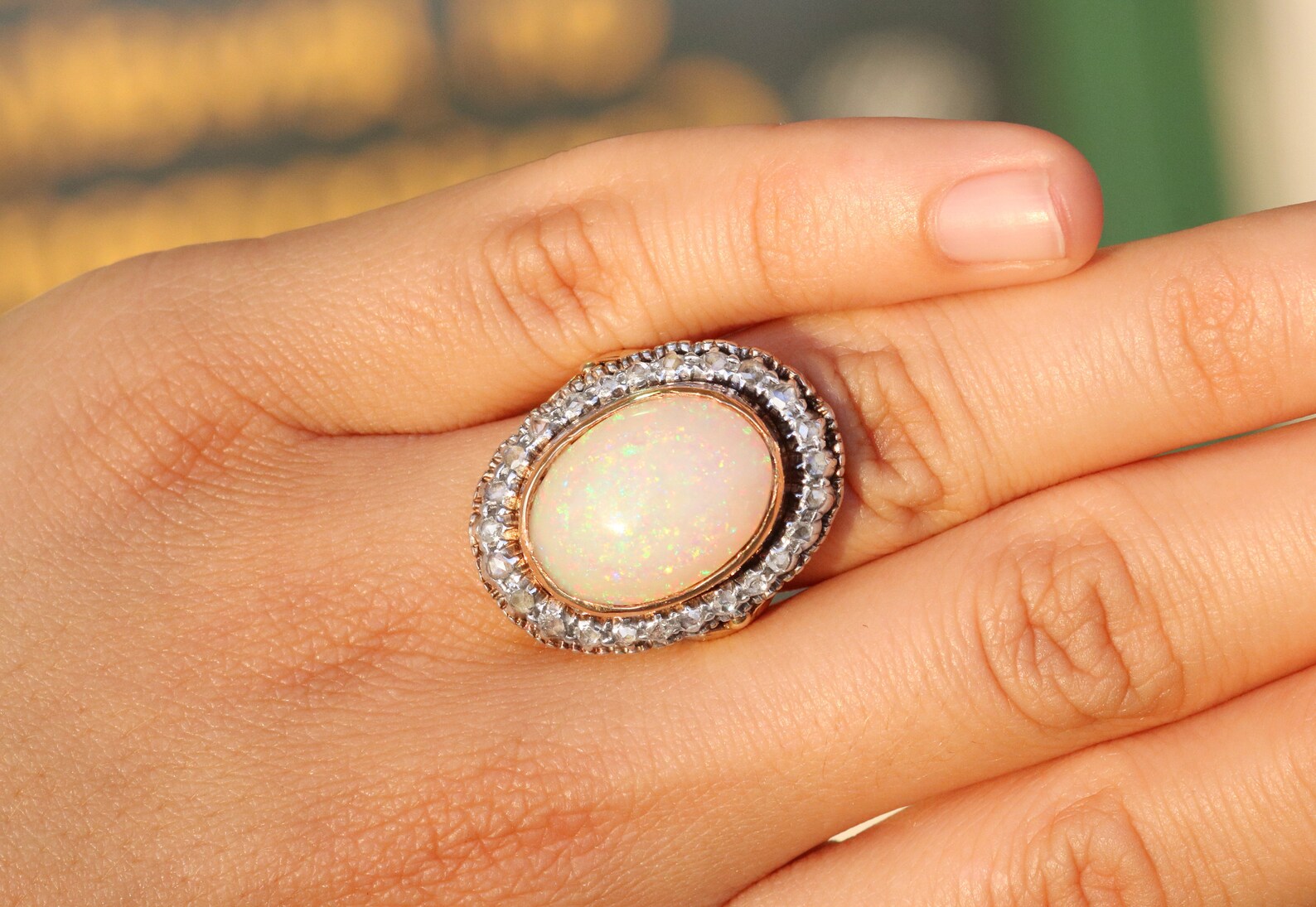 21.60tcw 14K Antique Opal & Diamond Statement Victorian 1900s Ring