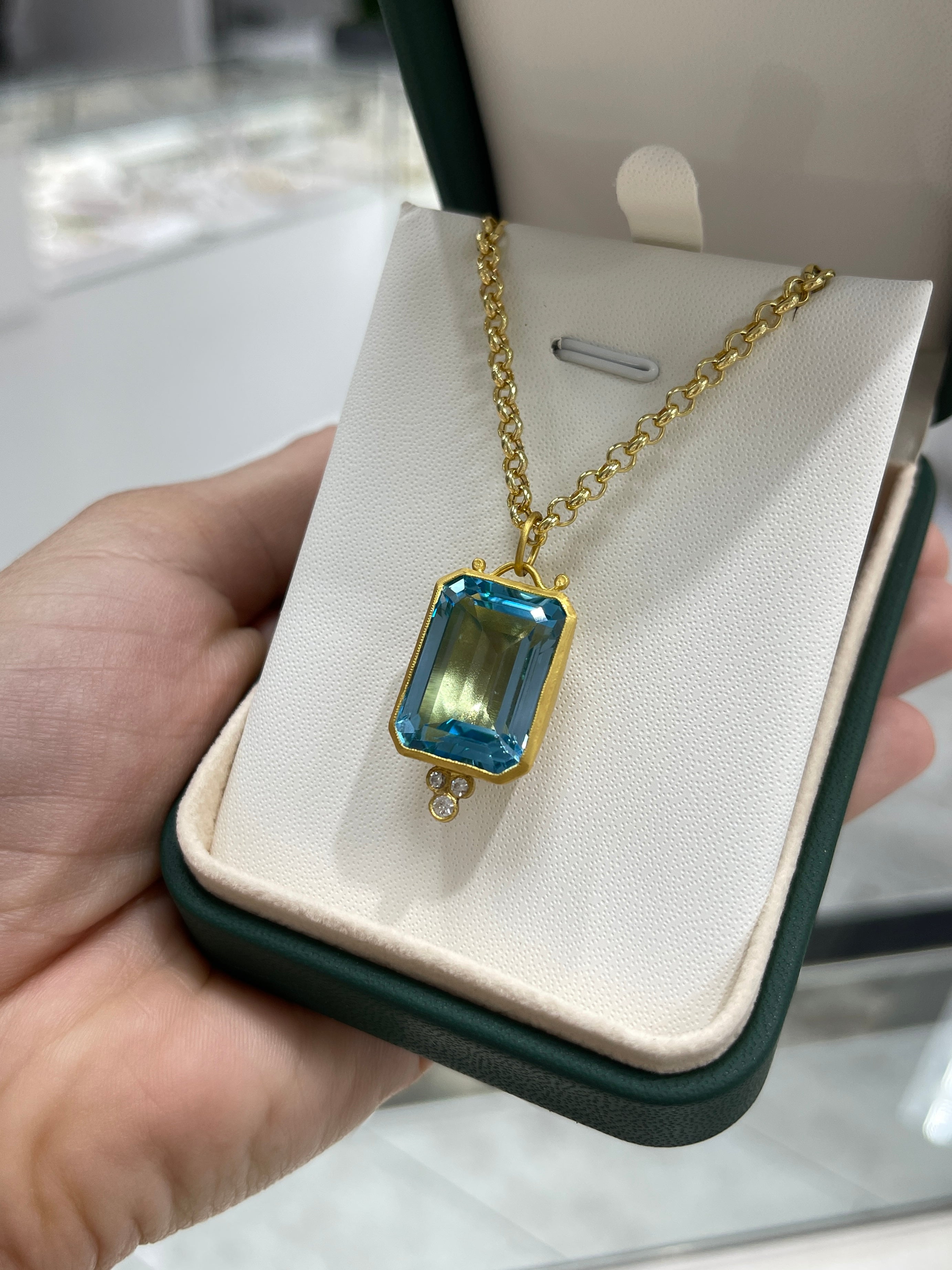 28.79TCW 24K Pure Gold Blue Topaz & Diamond Bezel Pendant - JR Colombian Emeralds